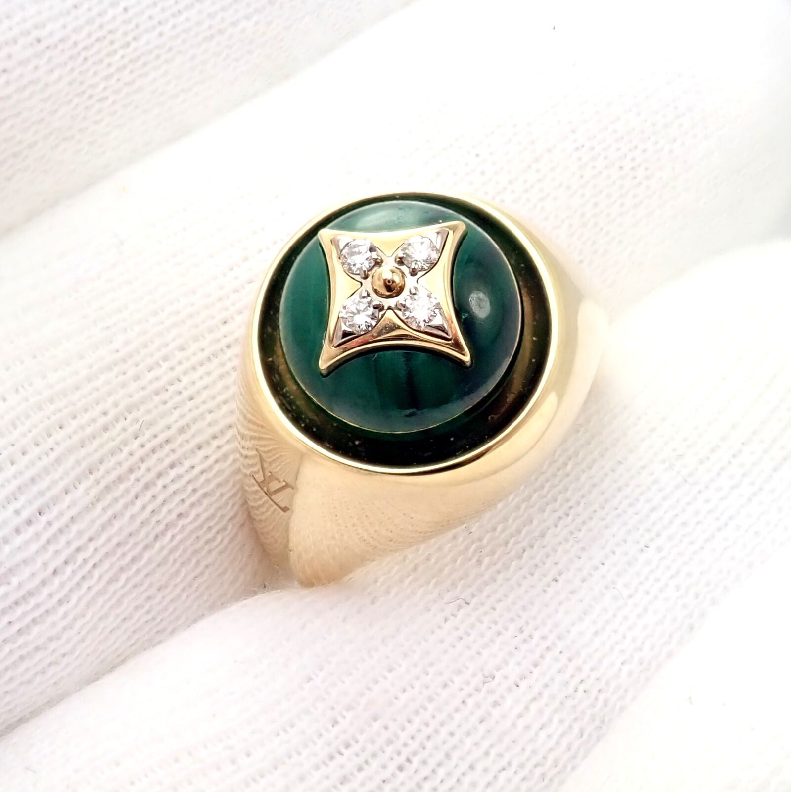 Authentic Louis Vuitton LV 18k Yellow Gold Diamond Malachite Blossom Signet Ring for Women - Luxury Fashion Jewelry Gift for Anniversary, Valentine's Day & Special Occasions