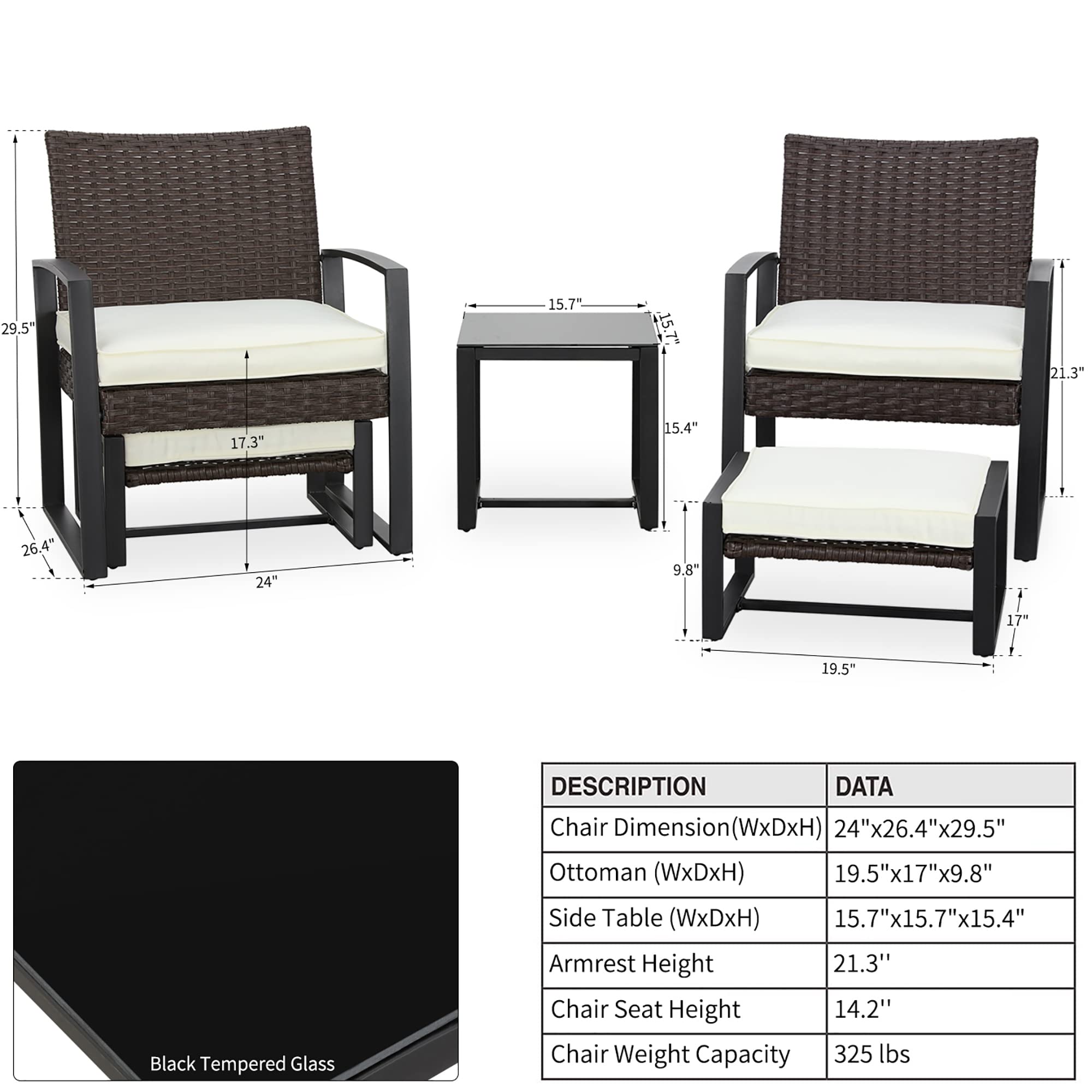 PatioFestival 5-Piece Outdoor Wicker Conversation Set with 3.1