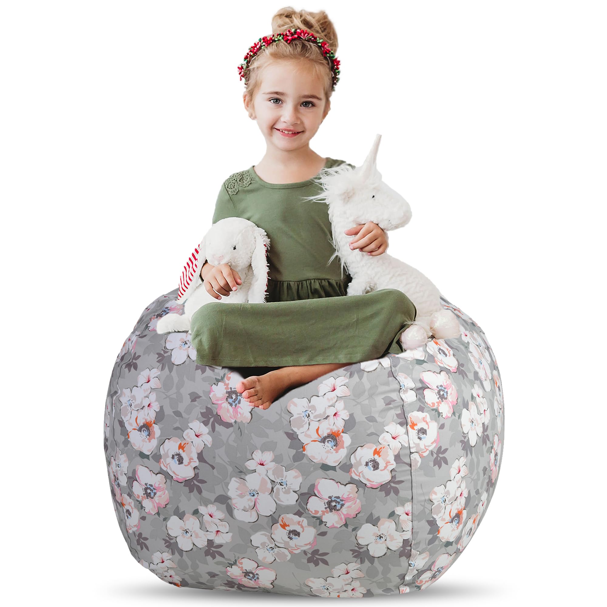 Creative QT Stuff 'n Sit Large 33'' Bean Bag Storage Cover for Stuffed Animals & Toys | Giant Bean Bag Chair for Kids & Toddlers | Gray Floral Plush Organizer for Bedroom & Playroom | Perfect for Toy Storage, Reading Nook & Cozy Seating