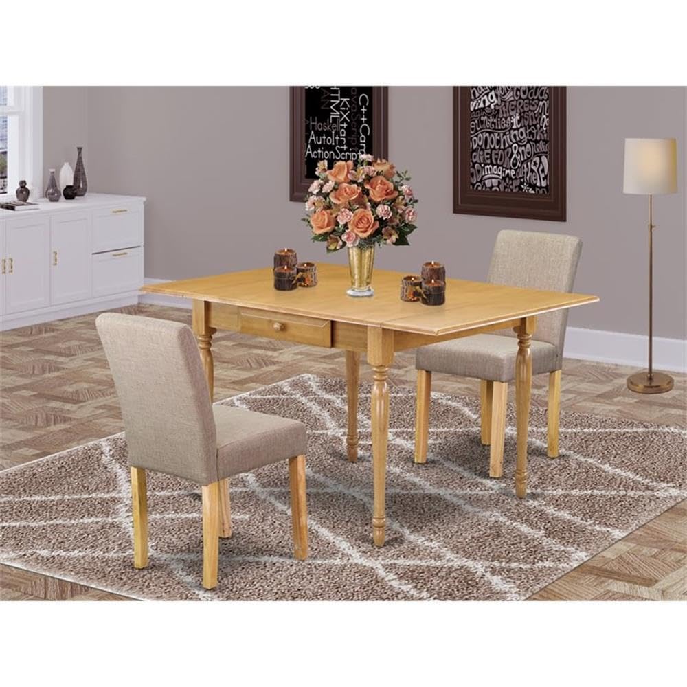 East West Furniture 3 Piece Oak Dining Table Set with Drop Leaf Kitchen Table & 2 Light Tan Linen Upholstered Chairs, 36x54 Inch - Perfect for Small Spaces, Breakfast Nooks & Cozy Kitchen Dining