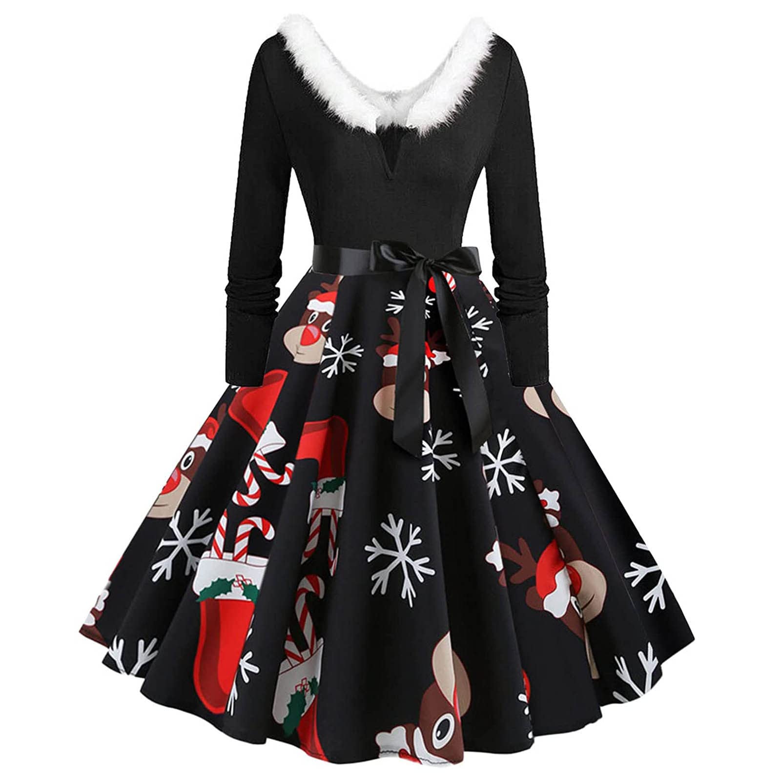 **Vintage Christmas Maxi Dress for Women - Plus Size Casual Plaid Patchwork Bow Rockabilly Long Dress - Party & Cocktail Attire - Black Friday Deals & Clearance Sale**    *(Perfect for holiday parties, Christmas gatherings, cocktail events, and vintage-themed occasions!)*
