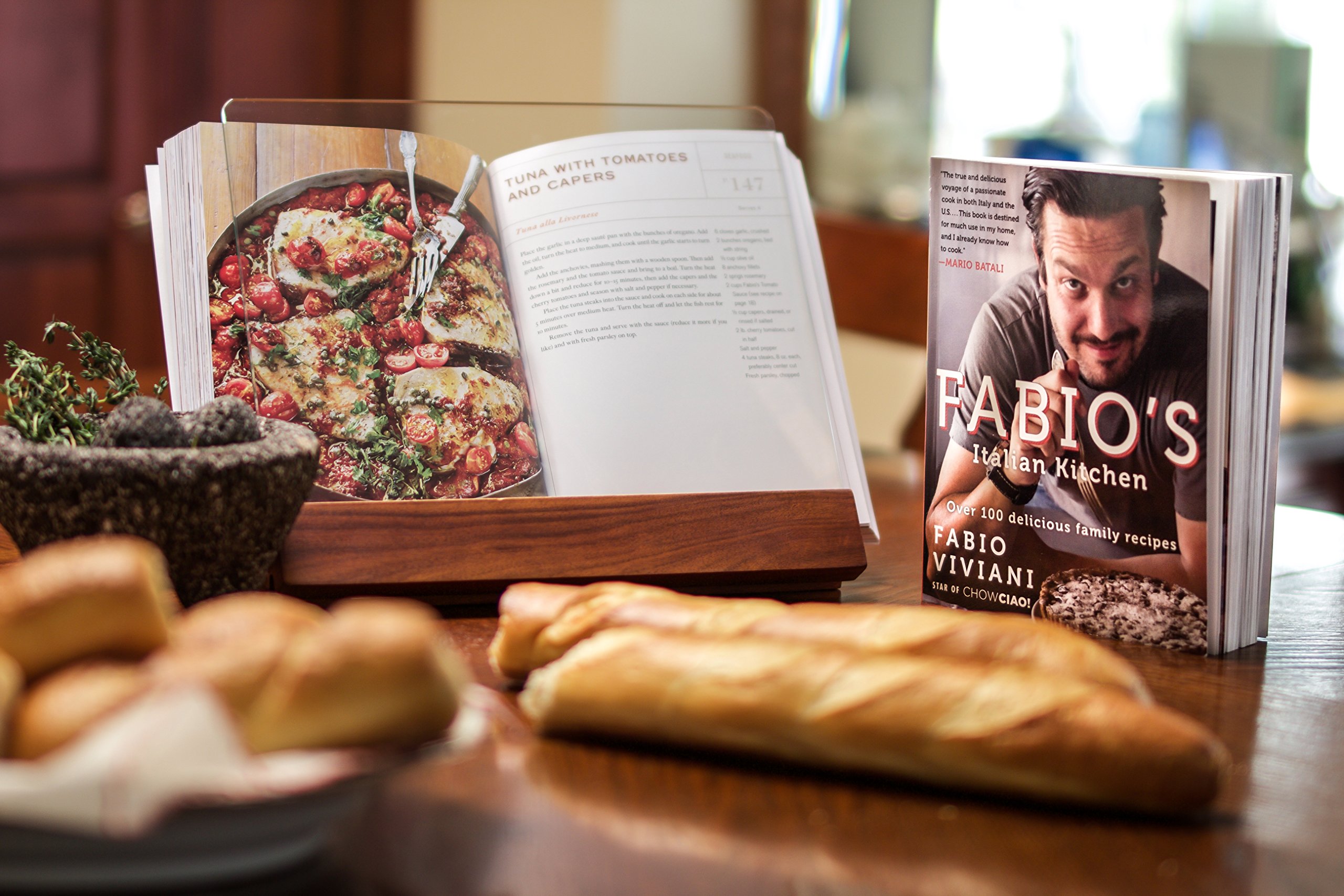 PICNIC TIME Fabio Viviani Prodigio Cookbook Stand with Tempered Glass - Acacia Wood Recipe Book Holder for Kitchen, Baking & Cooking - Perfect for Countertop, Dining Table & Outdoor BBQ