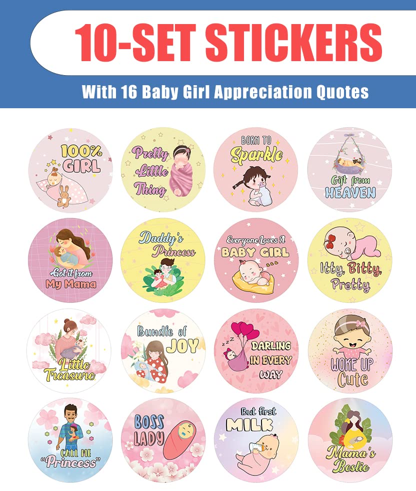 Creanoso New Baby Girl Quotes Stickers (10 Sets X 16 Designs) - Perfect Sticker Card Giveaways for Expectant Mothers & Baby Showers - Cute Stocking Stuffers & Unique Baby Shower Gifts - Ideal for Nursery Decor, Scrapbooking & Parenting Rewards