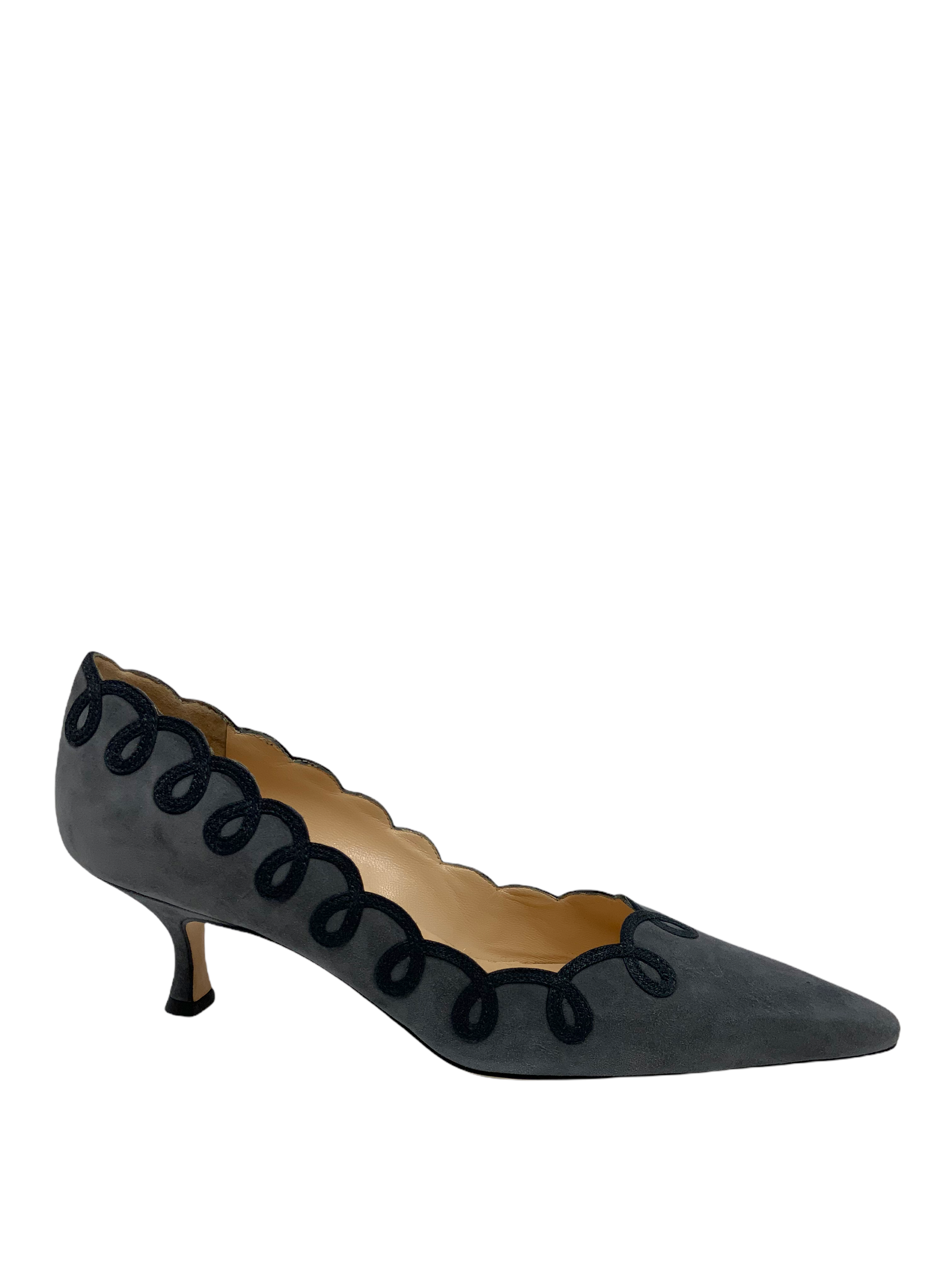 Manolo Blahnik Suede Applique Swirl Pumps Women's Size 8.5 | Elegant High Heel Dress Shoes for Weddings, Parties & Special Occasions