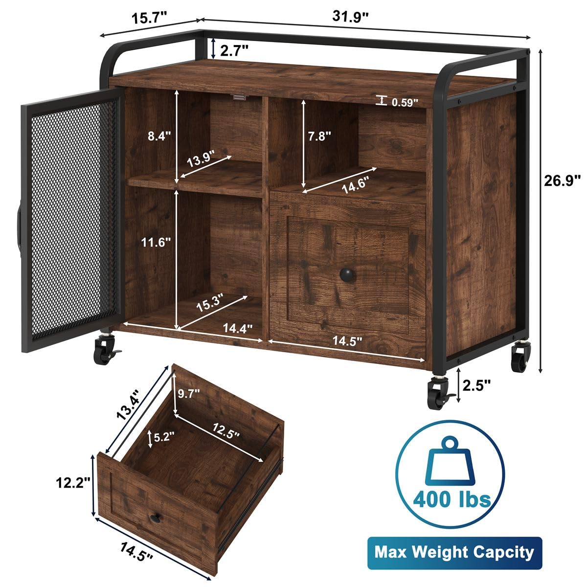 BON AUGURE Rolling Lateral File Cabinet - Rustic Oak Wood & Metal Home Office Storage with Printer Stand & Drawer | Perfect for Small Spaces, Under Desk Organization & Office Decor