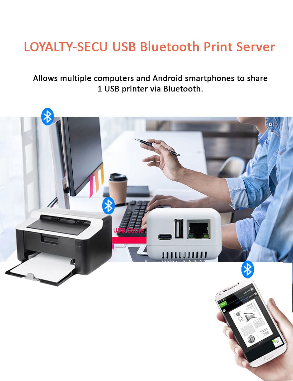 Wireless Bluetooth USB Print Server - LAN & Bluetooth Printer Sharing for Windows & Android - Convert Old USB Printer to Wireless - Home Office & Small Business Printing Solution