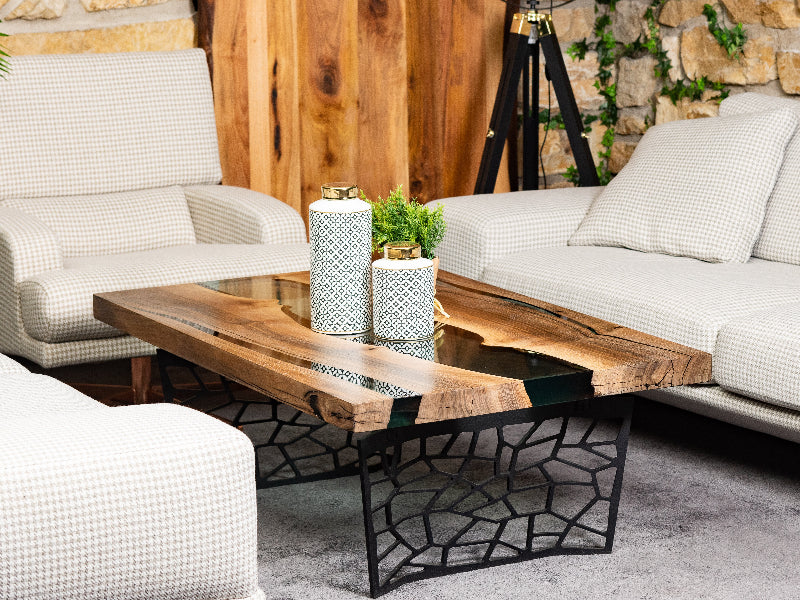 Handmade Custom Resin River Walnut Coffee Table - Modern Voronoi Design Collection for Living Room & Office Decor