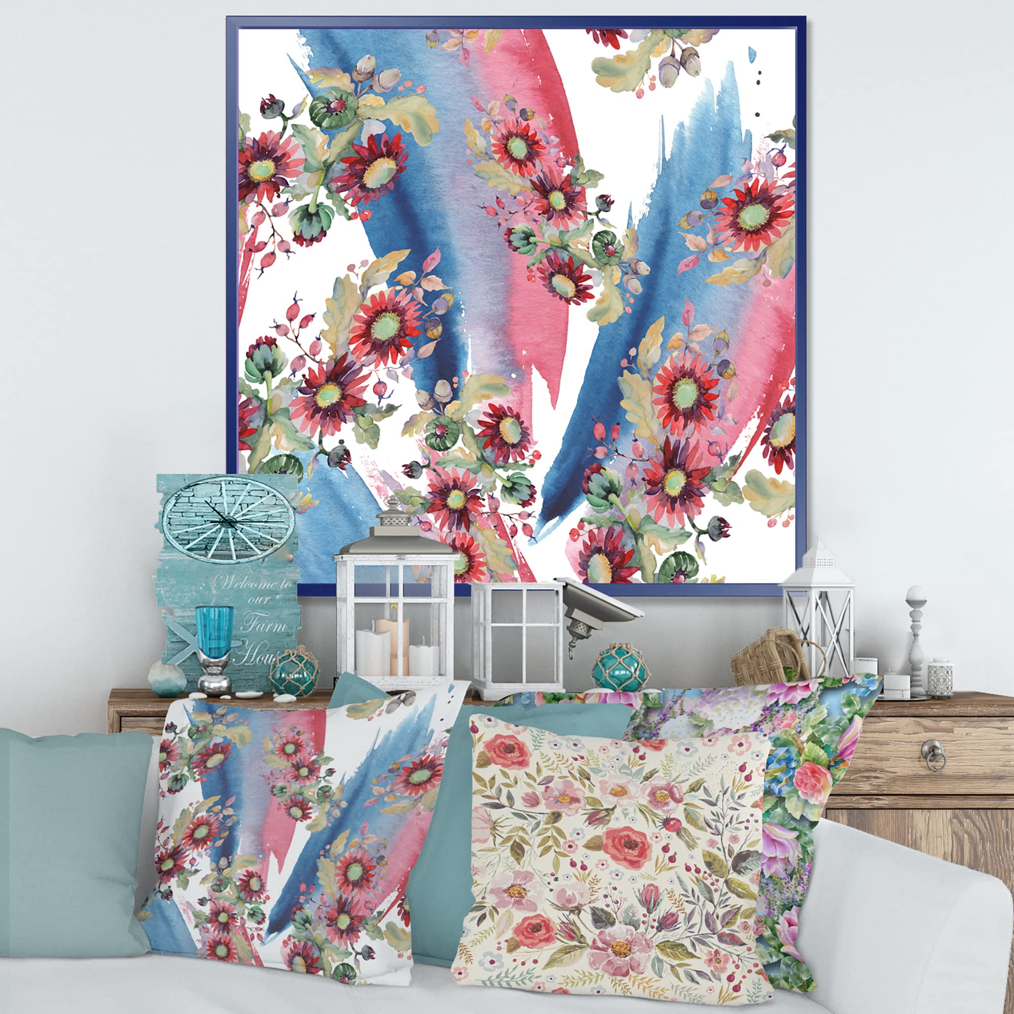 DesignQ Red Aster and Acorn Bouquet Framed Canvas Wall Art - Modern Home Decor for Living Room, Bedroom & Office - Ready to Hang Floral Print
