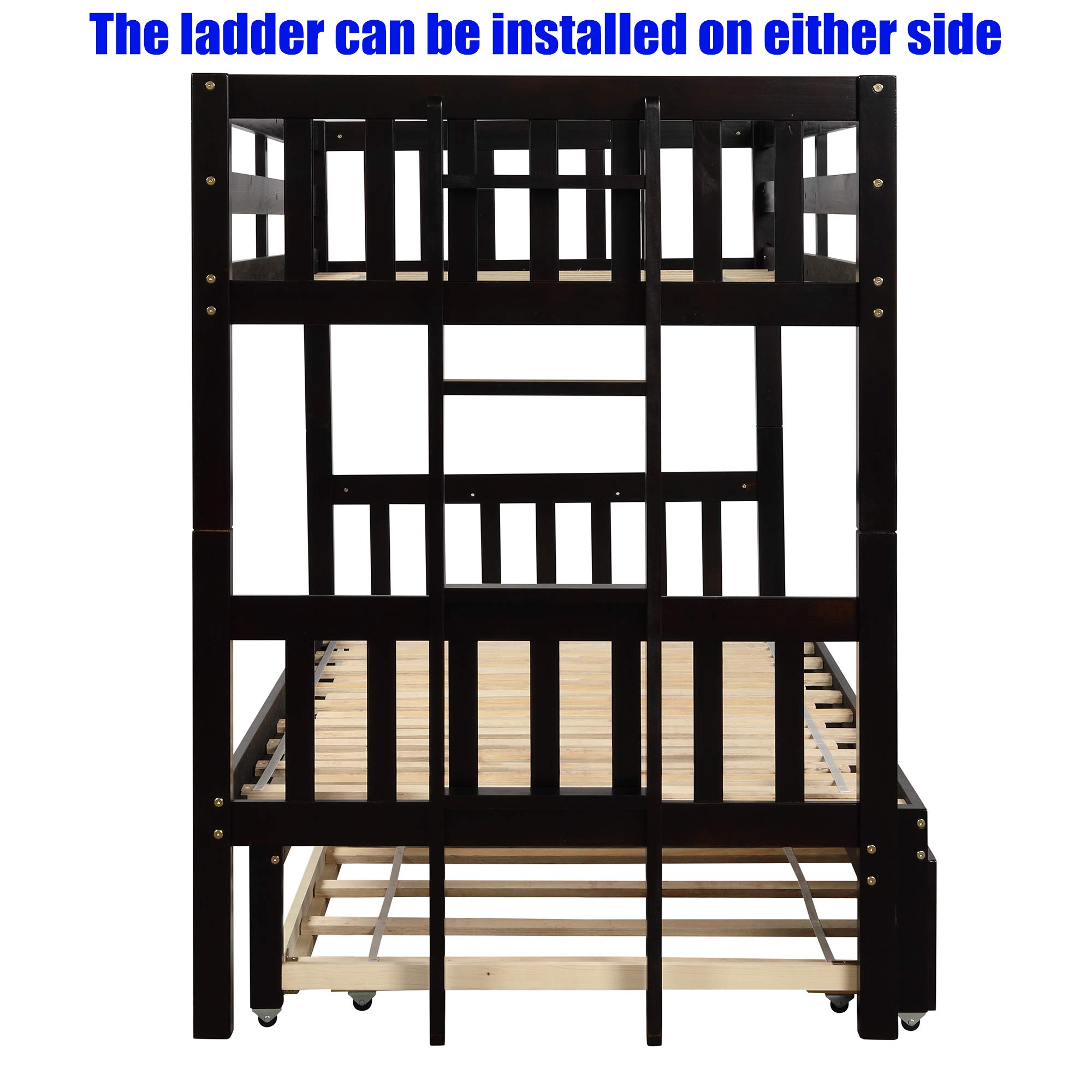 Jresboen Upgraded Solid Pine Wood Twin Over Twin Bunk Bed with Pull-Out Trundle - Converts to Twin Over 2 Twin Bunk Beds - Sturdy Design for Kids, Teens & Adults (Espresso) - Perfect for Small Bedrooms, Guest Rooms & Vacation Homes