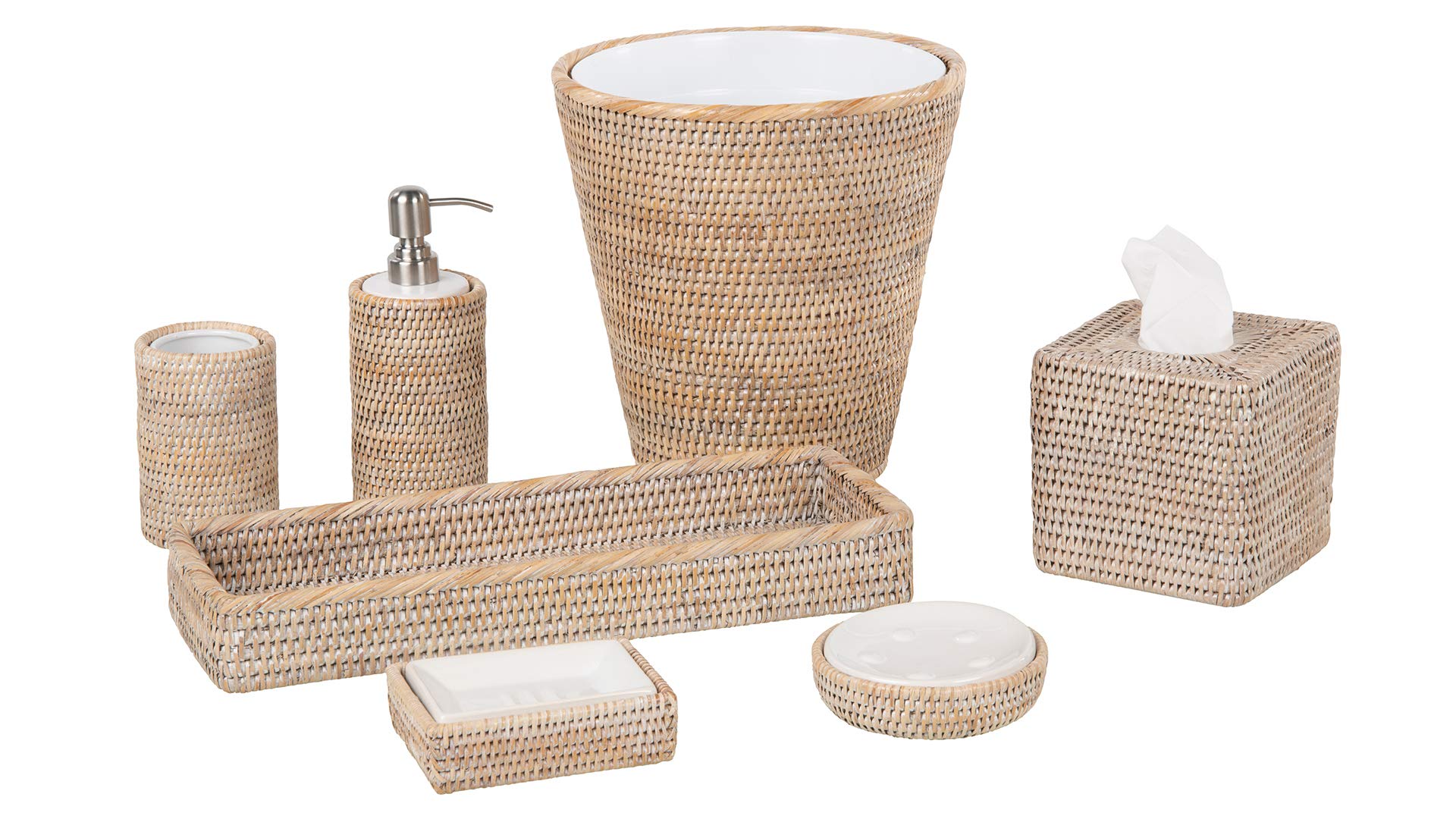 Kouboo La Jolla White-Washed Rattan Rectangular Soap Dish - Bathroom Organizer for Sink Countertop, Shower Shelf & Vanity Decor