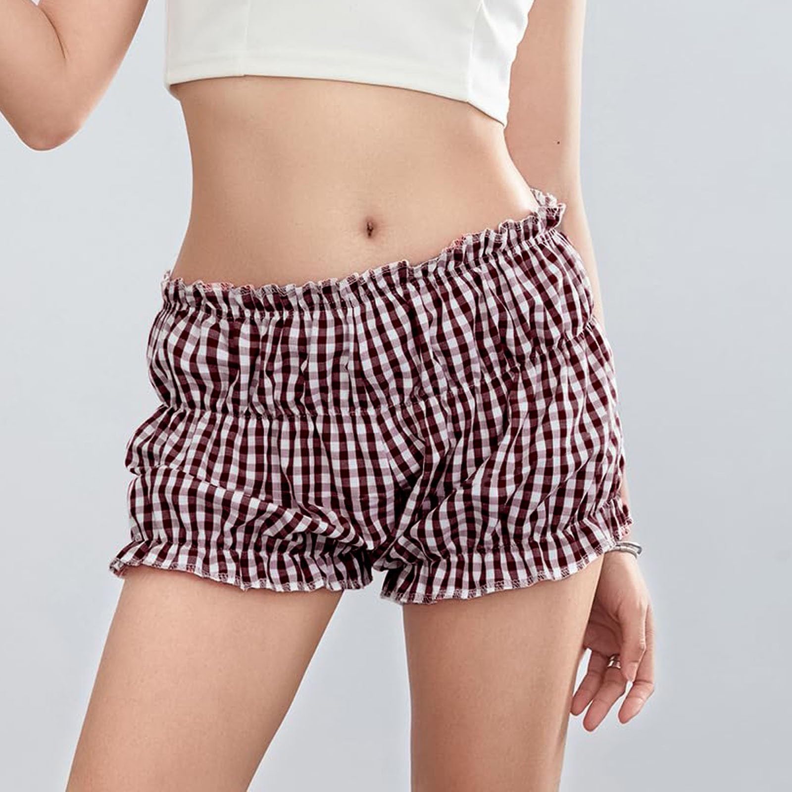 Y2K Gingham Shorts for Women - Ruched Ruffle Plaid Hot Shorts, Cute Sweet Lolita Layered Bottoms | Perfect for Pajamas, Underwear, Summer Outfits & Casual Wear