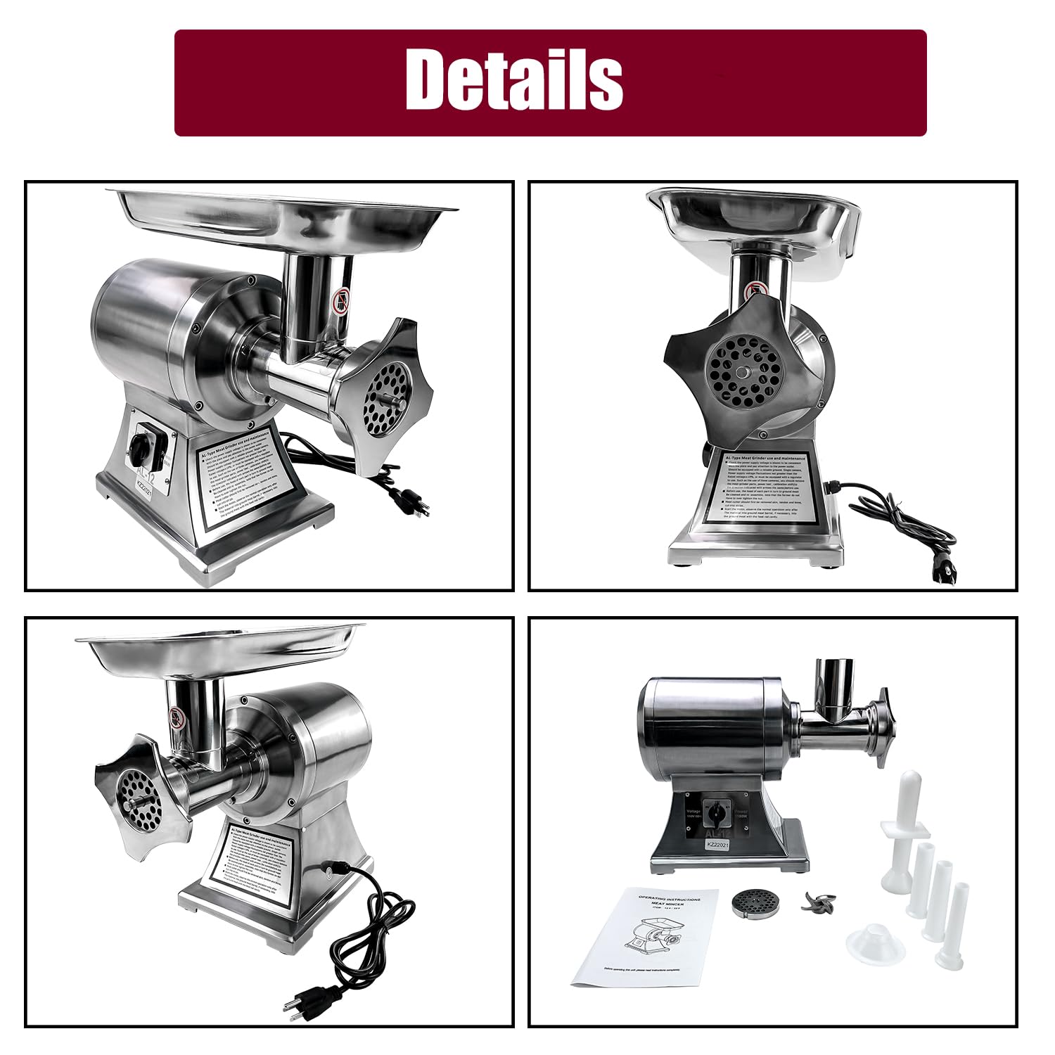 Commercial Meat Grinder 550Lb/H - 1100W Heavy Duty Stainless Steel Electric Food Grinder & Mincer - Industrial Sausage Stuffer Maker with 2 Blades, 3 Grinding Plates & Sausage Tubes - Perfect for Butcher Shops, Restaurants & Home Kitchens