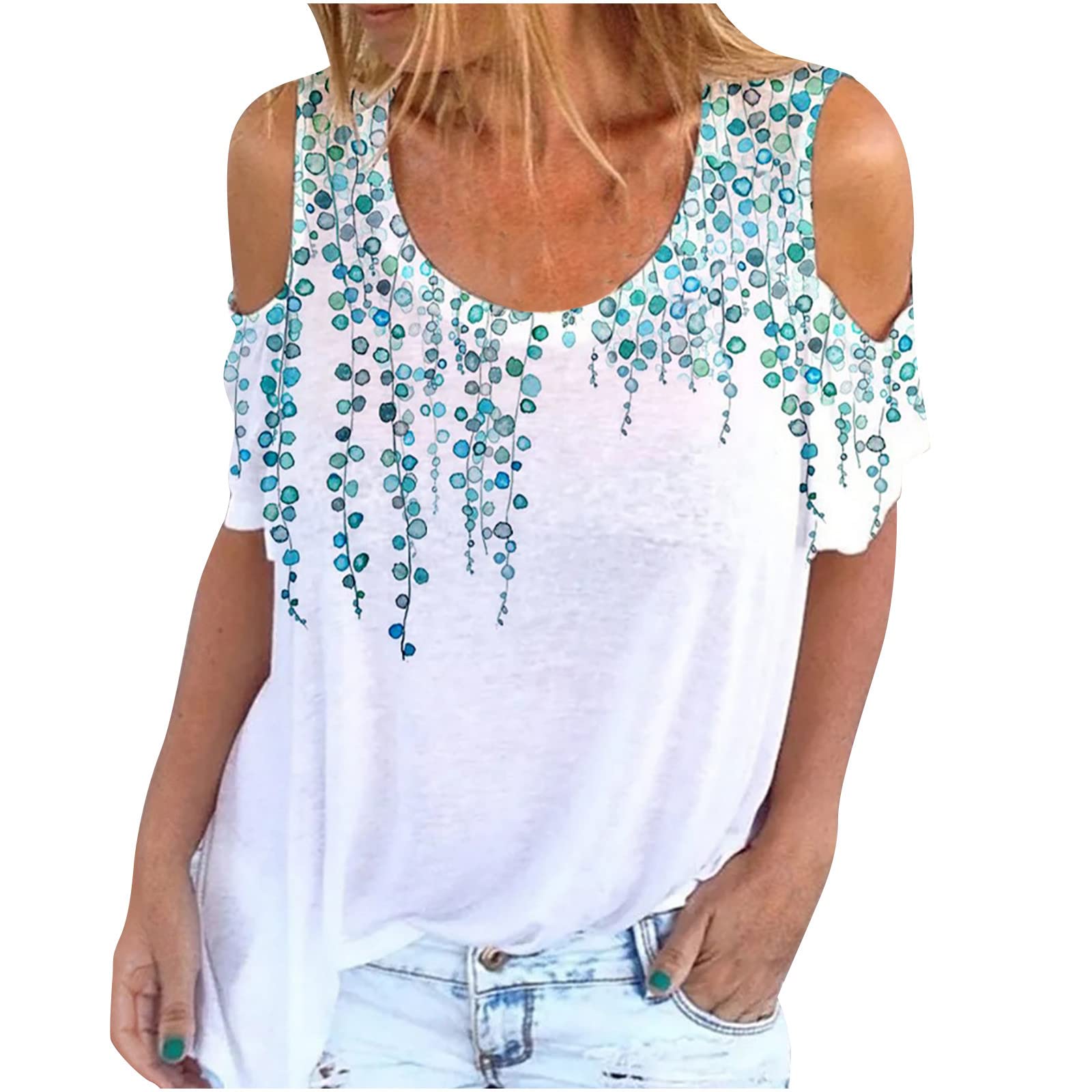 2024 Women's Off Shoulder Scoop Neck Short Sleeve Floral Print Vintage T-Shirt - Summer Casual Blouse for Beach, Party & Date Night Outfits