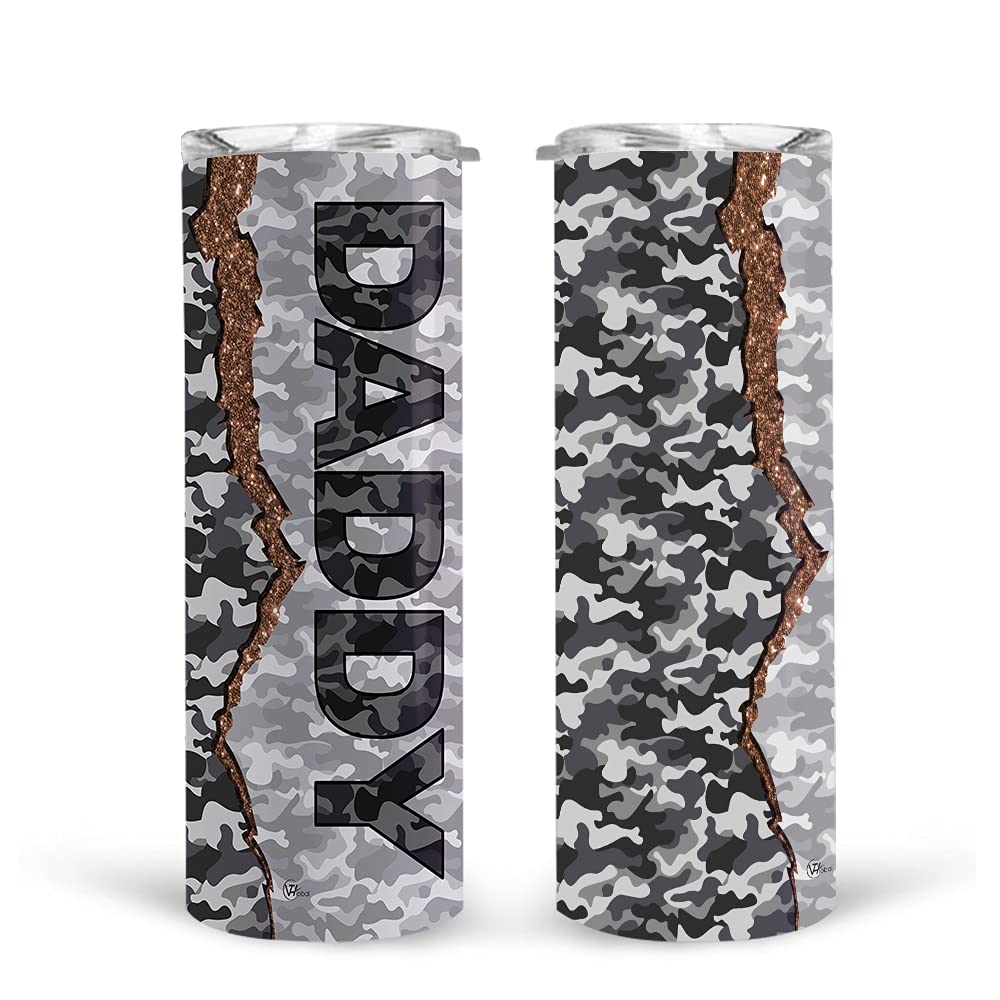 20 oz Skinny Stainless Steel Tumbler with Lid - Insulated Travel Mug for Coffee & Tea - Grey Camo Design - Perfect for Office, Gym & Outdoor Adventures