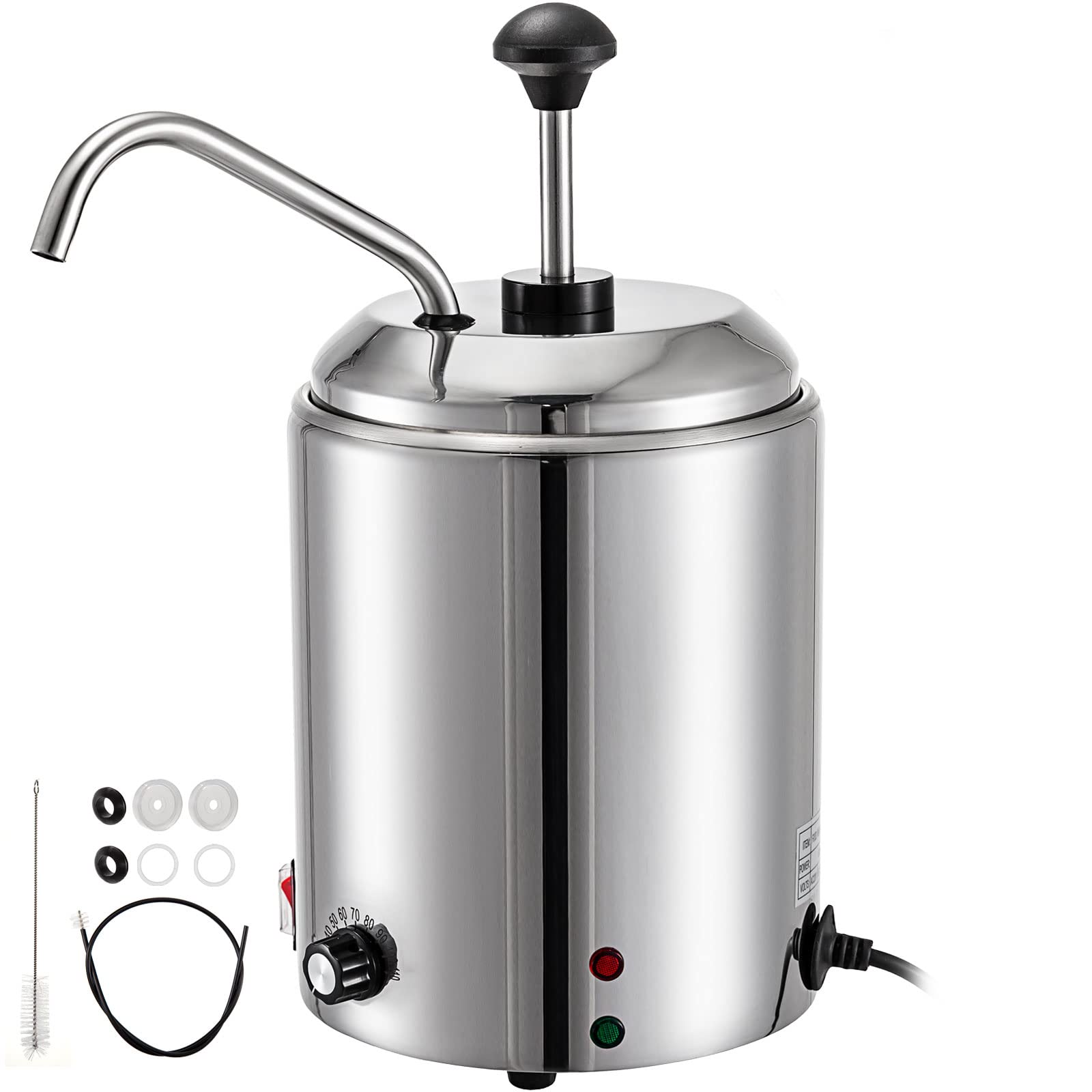VEVOR 2.64 Qt Stainless Steel Cheese Dispenser with Pump - 650W Hot Fudge Warmer 110V, 30-110℃ Adjustable Temperature for Cheese, Caramel, Chocolate - Perfect for Restaurants, Cafes & Dessert Shops