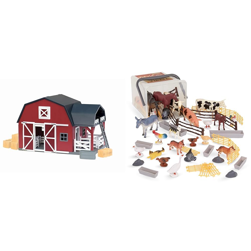 Battat Terra Wooden Animal Barn Toy Playset (20 Pc) & Realistic Farm Animal Toys Set (60 Pc) – Perfect for Kids Pretend Play, Farm-Themed Learning, and Montessori Educational Activities
