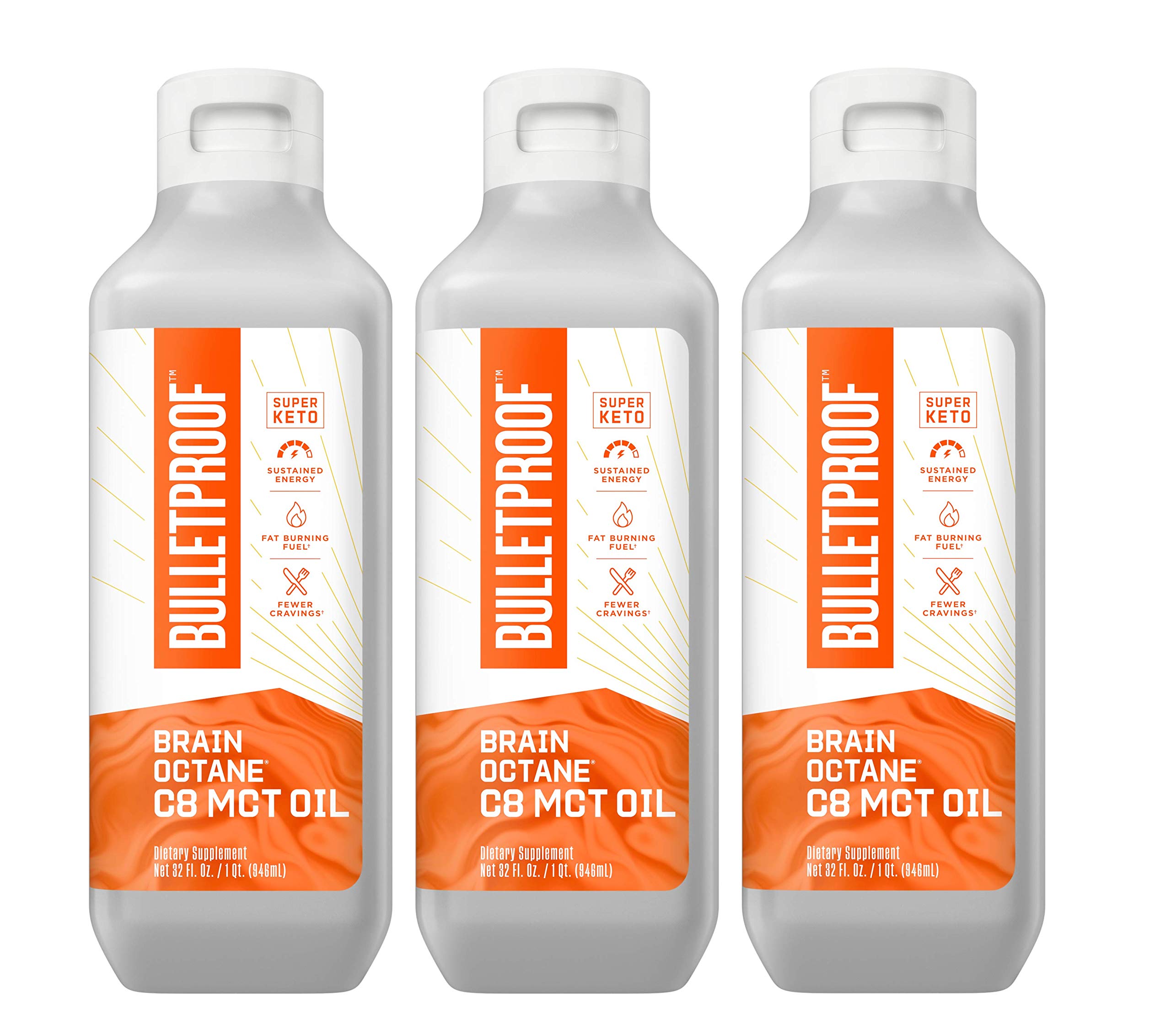 Bulletproof Brain Octane C8 MCT Oil - 32oz (3-Pack) | Pure Keto Supplement for Energy Boost & Appetite Control | Ideal for Coffee, Smoothies & Ketogenic Diet