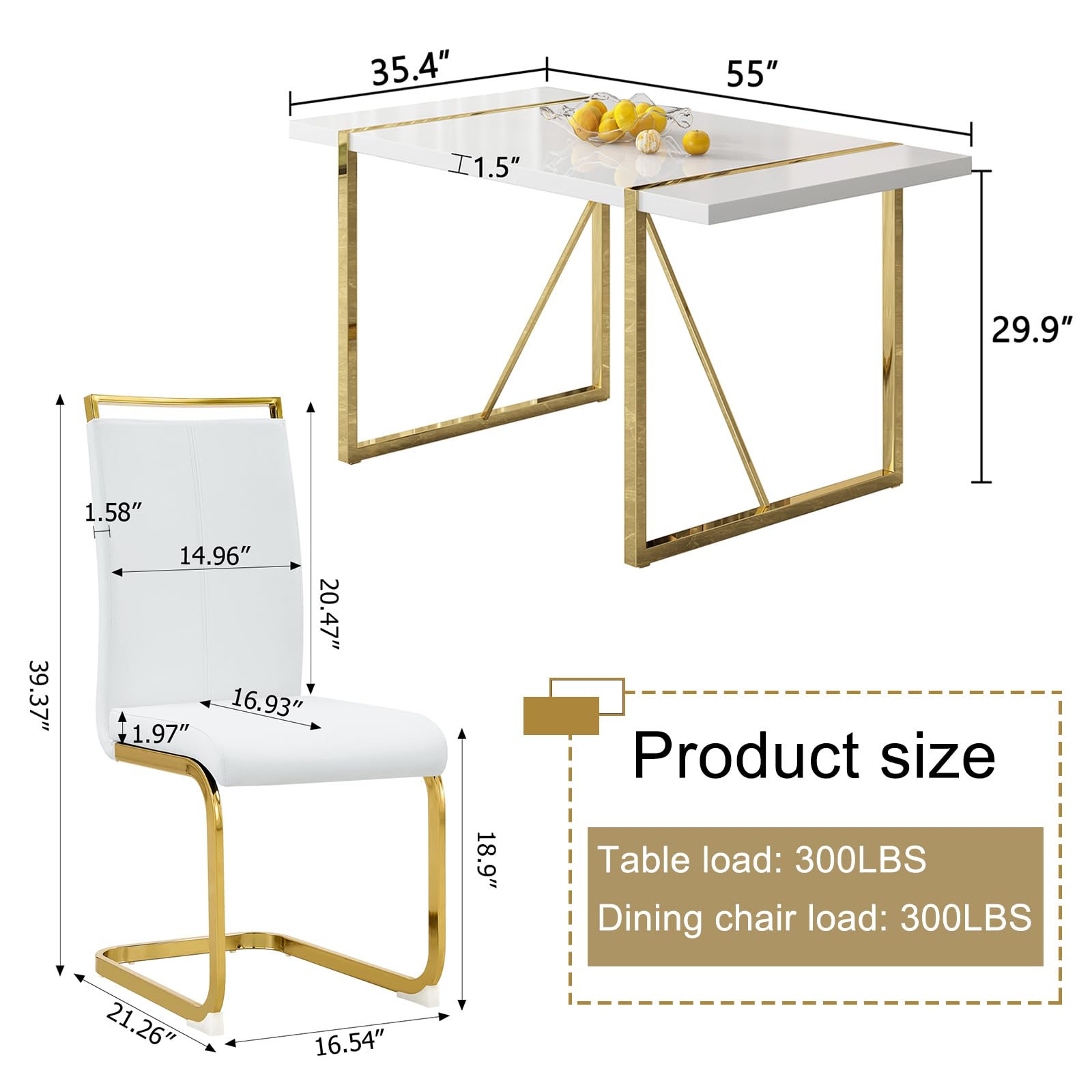 Modern 5-Piece White Dining Table Set for 4 - Rectangular MDF Table & Faux Leather Chairs with Metal Frame | Perfect for Small Spaces, Apartments, and Contemporary Dining Rooms