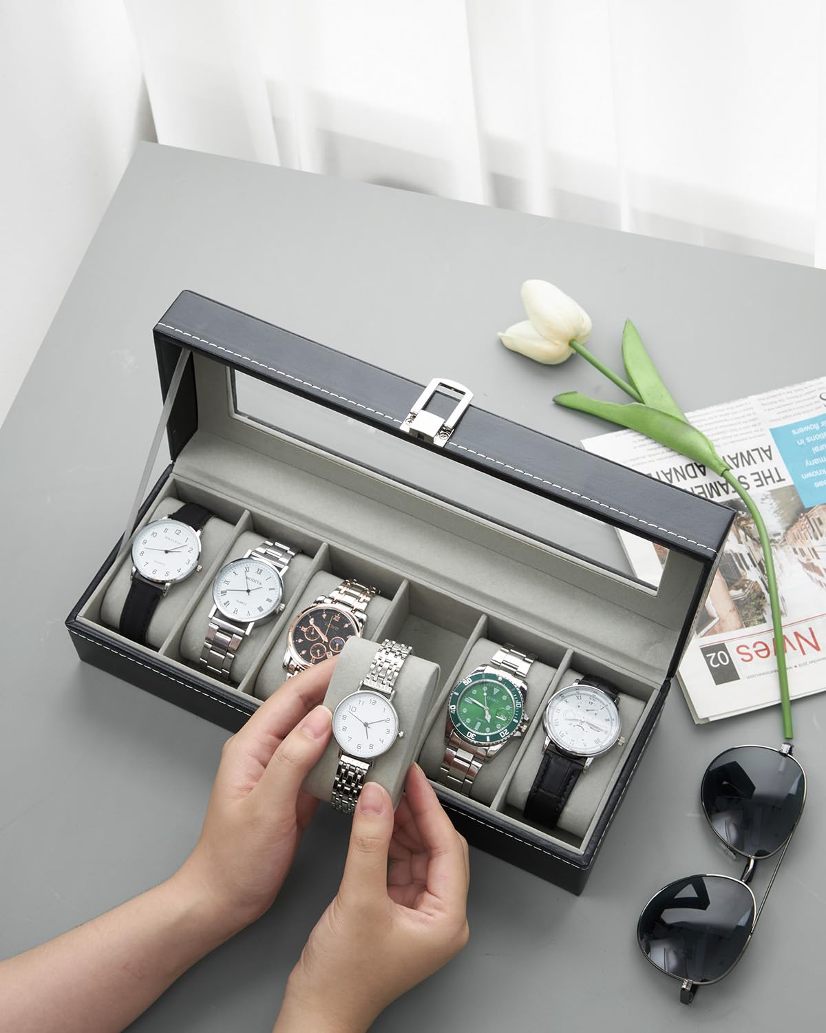Ohuhu 6 Slot Watch Box with PU Leather & Real Glass Lid - Premium Watch Display & Storage Case for Men & Women - Perfect for Travel, Home, Office & Gift Giving