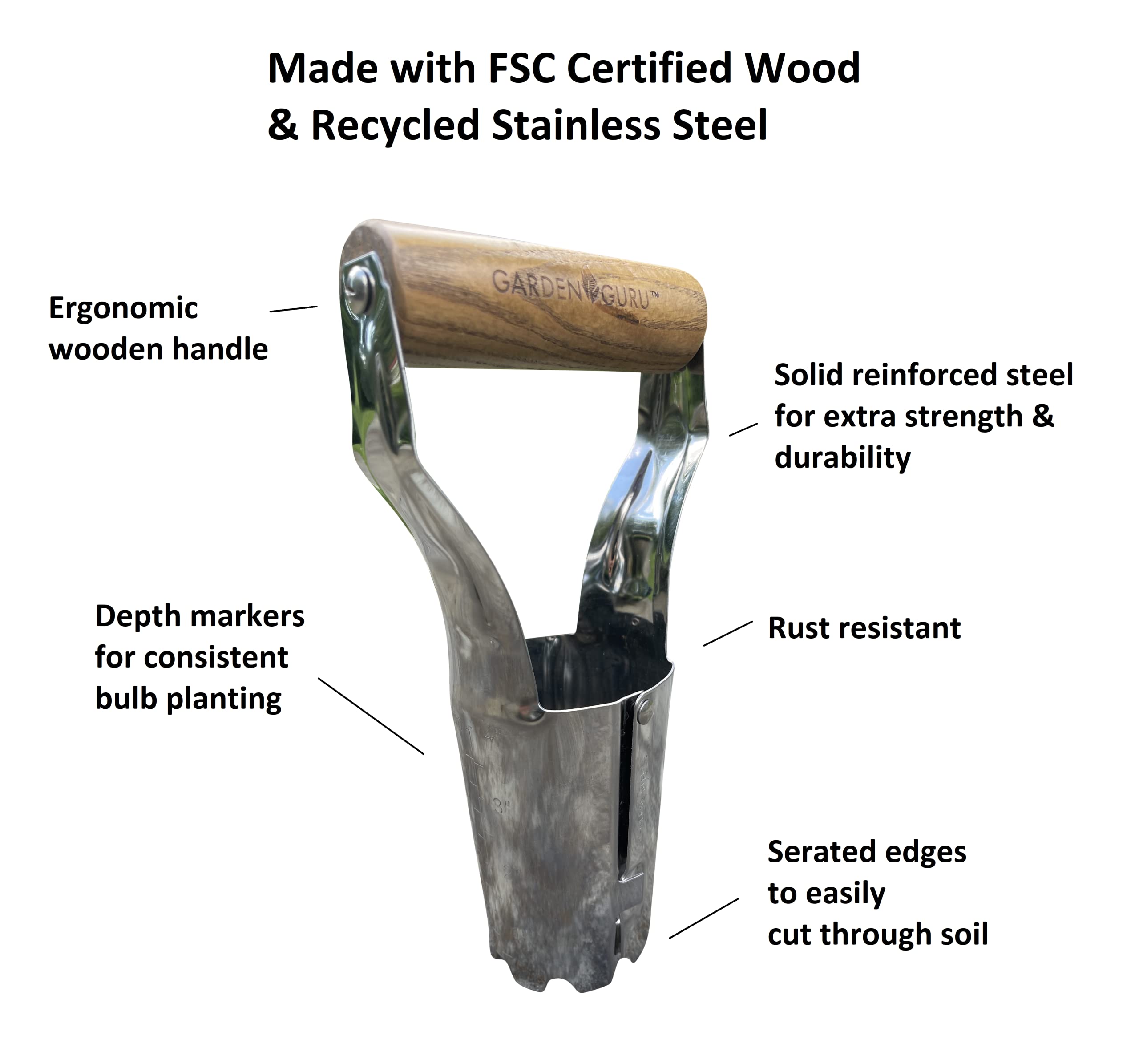 **Eco-Friendly Garden Bulb Planter - 100% Recycled Stainless Steel with Rust-Resistant Coating & FSC-Certified Ergonomic Wood Handle - Perfect for Planting Tulips, Daffodils, Dahlias - Ideal for Home Gardens, Landscaping & DIY Flower Beds**