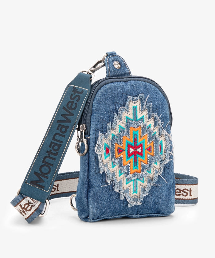 Montana West Aztec Denim Sling Bag for Women - Stylish Crossbody Purse with Adjustable Strap, Perfect for Travel, Shopping & Everyday Use
