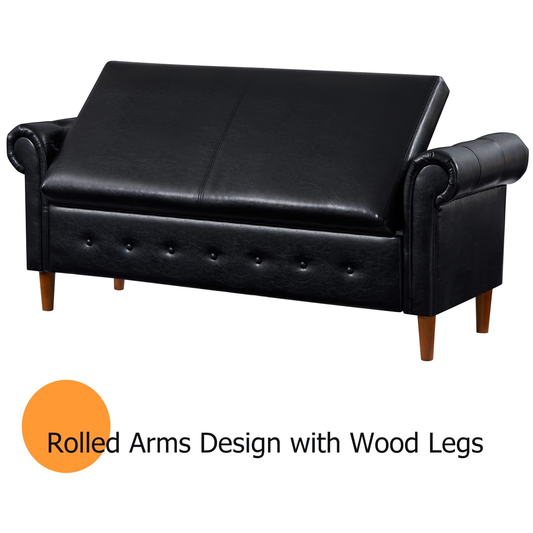 Aoowow Black PU Leather Storage Bench with Rolled Arms - Ottoman Seat for Bedroom, End of Bed, Window Sitting, Fireplace, Toy Storage | Durable & Stylish Home Decor
