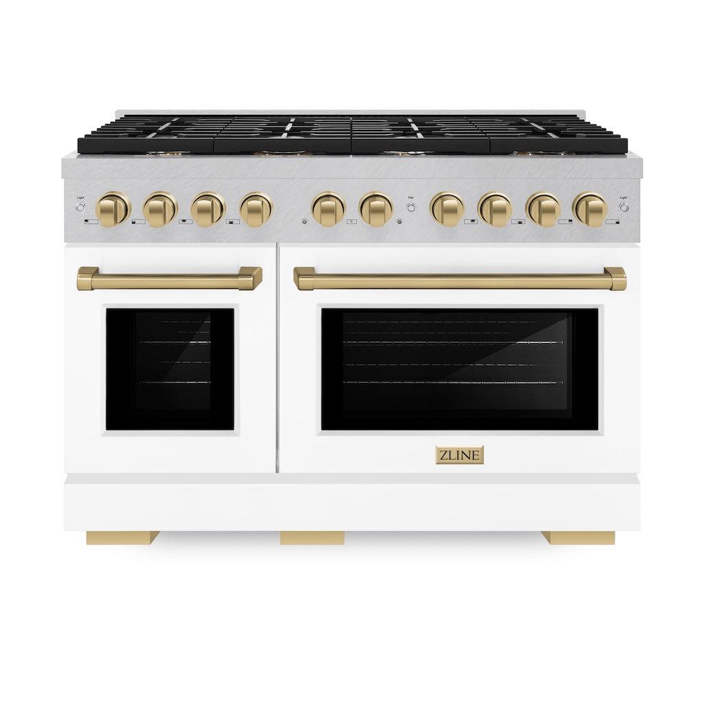 ZLINE Autograph Edition 48-Inch 6.7 cu. ft. Double Oven Gas Range with 8-Burner Cooktop - Satin Stainless Steel, White Matte Doors & Champagne Bronze Accents (SGRSZ WM 48 CB) - Perfect for Large Kitchens & Gourmet Cooking