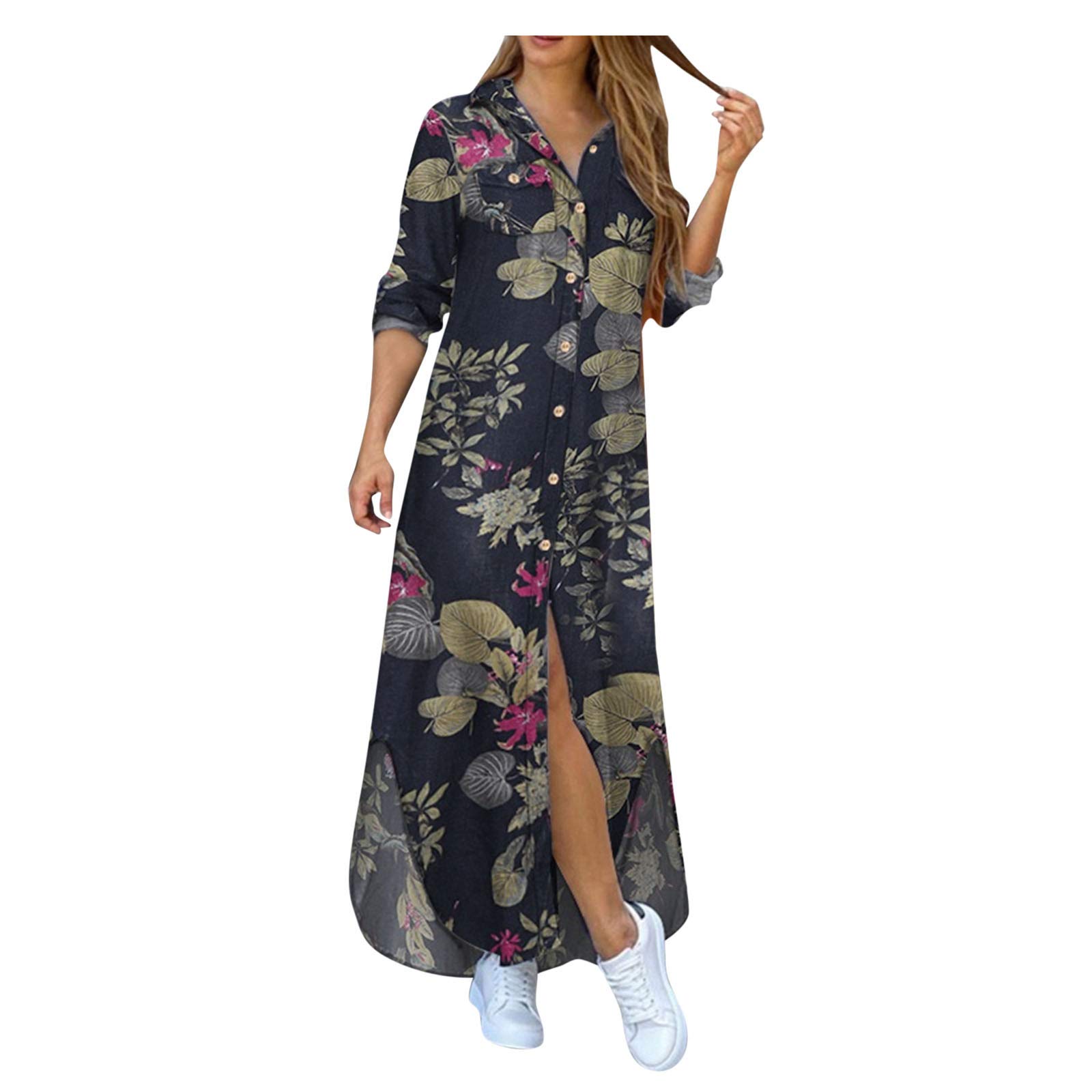 ForestYashe Women's Long Sleeve Lapel Button Up Cotton Floral Print Shirt Dress - Maxi Length Irregular Hem for Casual Wear, Office Outfits & Spring Fashion