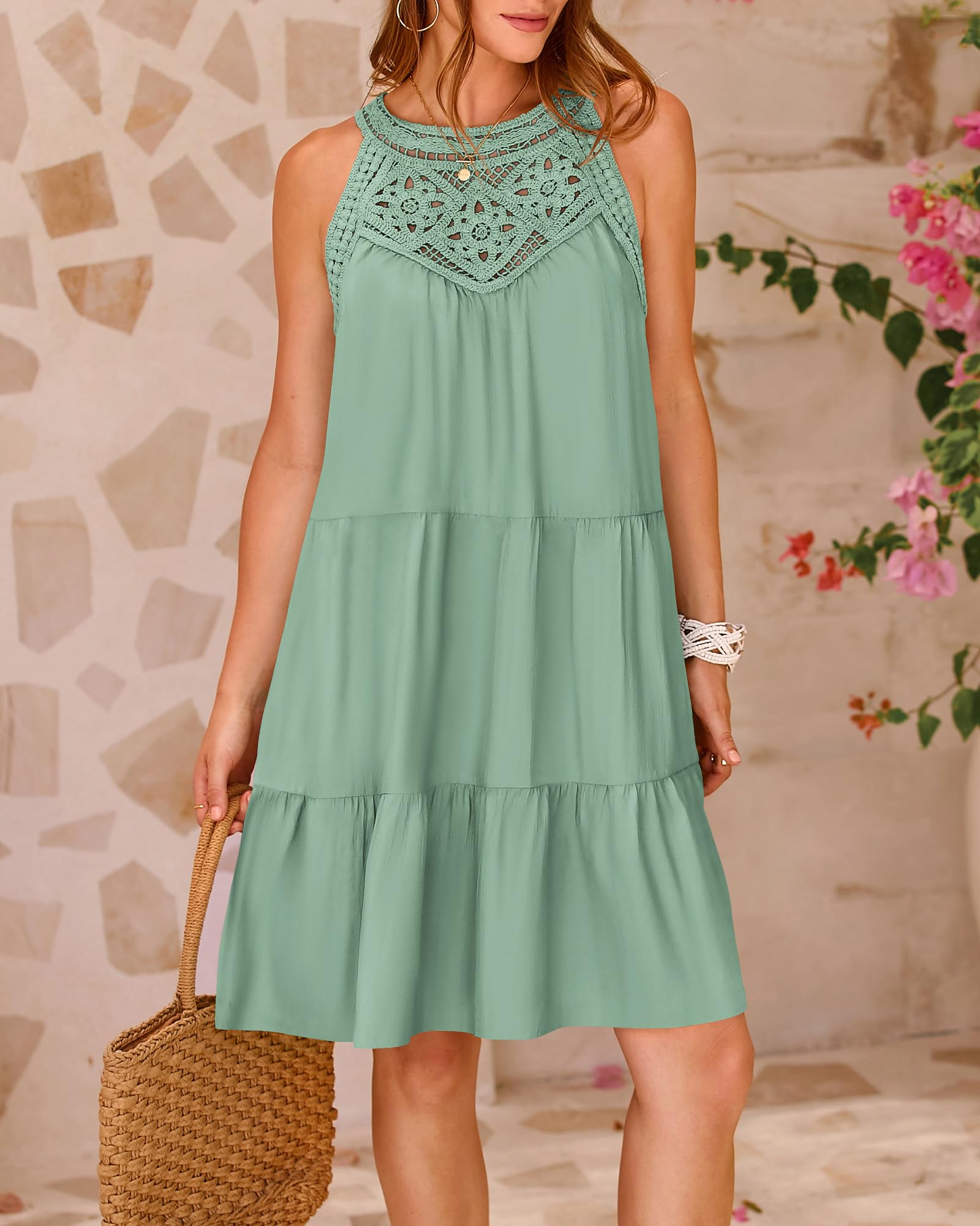 BTFBM Women's Summer Halter Dress 2025 - Casual Sleeveless A-Line Tiered Mini Sundress for Beach, Vacation & Spring Outings | Lightweight Swing Dress for Pool Party, Travel & Date Night
