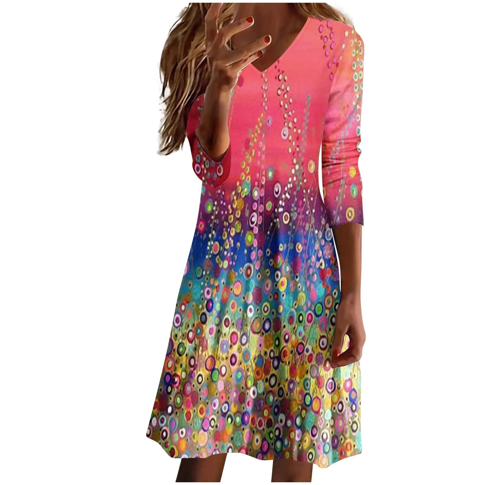 FlekmanArt Women's Printed Long Sleeve Flowy Dress - Casual Round Neck/V Neck Loose Fit Fashion Dress for Spring and Autumn | Perfect for Office Wear, Date Nights & Weekend Outings