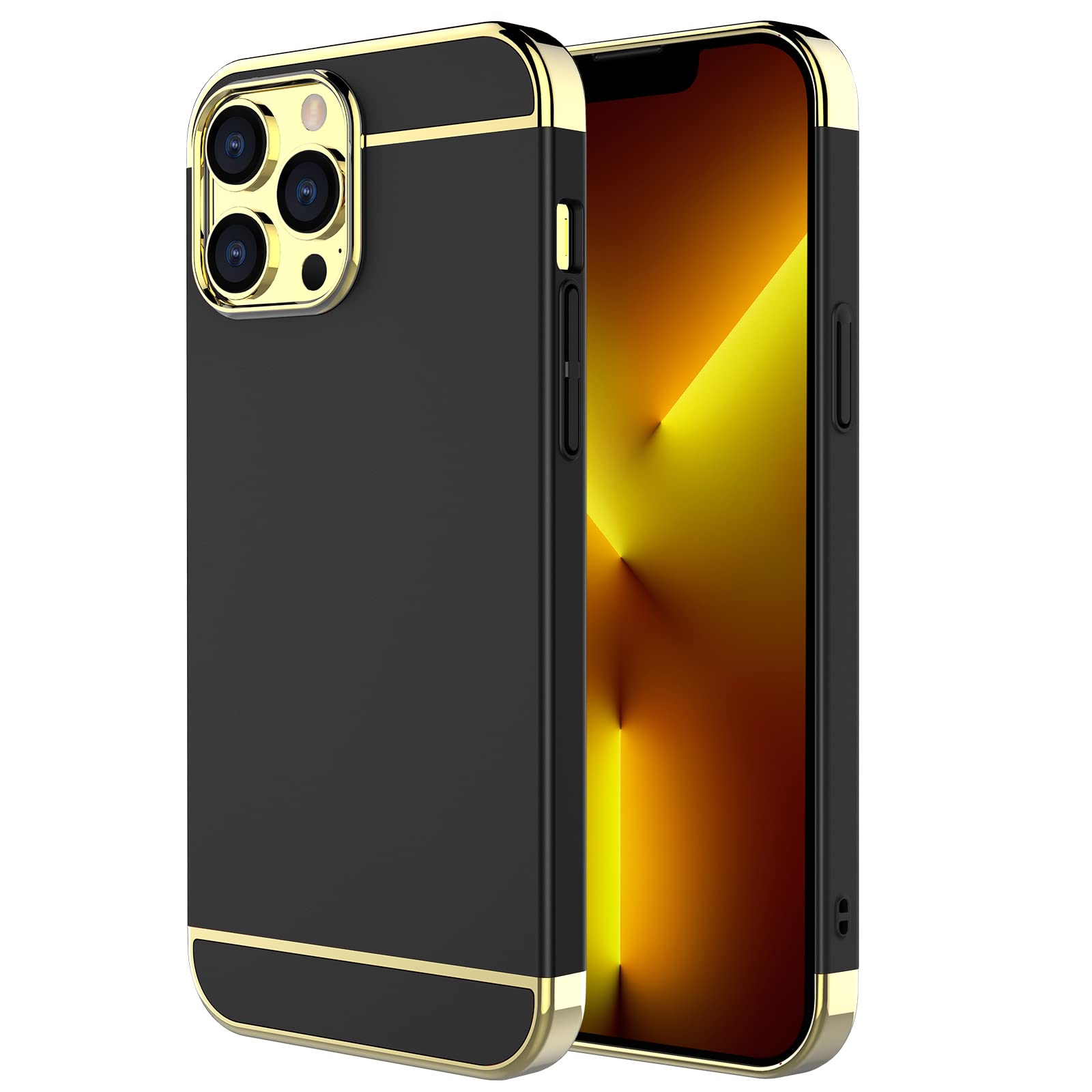 Ultra Thin iPhone 13 Pro Max Case (6.7 inch) - 3 in 1 Slim Hard Cover with Anti-Slip Matte Finish & Electroplated Frame | Premium Protection for Apple iPhone 13 Pro Max (2020) | Perfect for Everyday Use, Work & Travel - Black & Gold