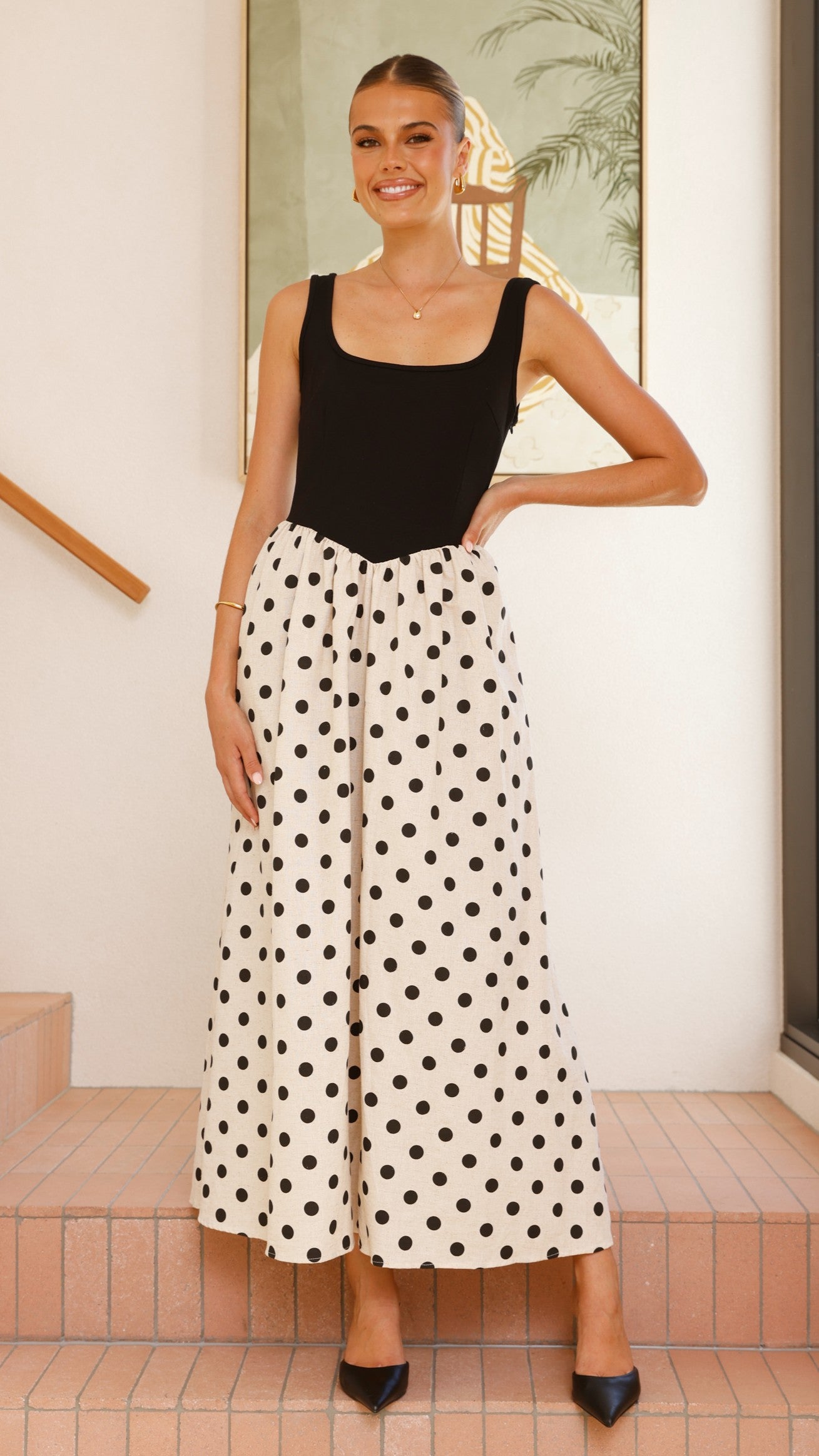 Leoni Maxi Dress - Oat & Black Spot Floral Print - Women's Long Boho Summer Dress for Beach, Vacation & Casual Wear