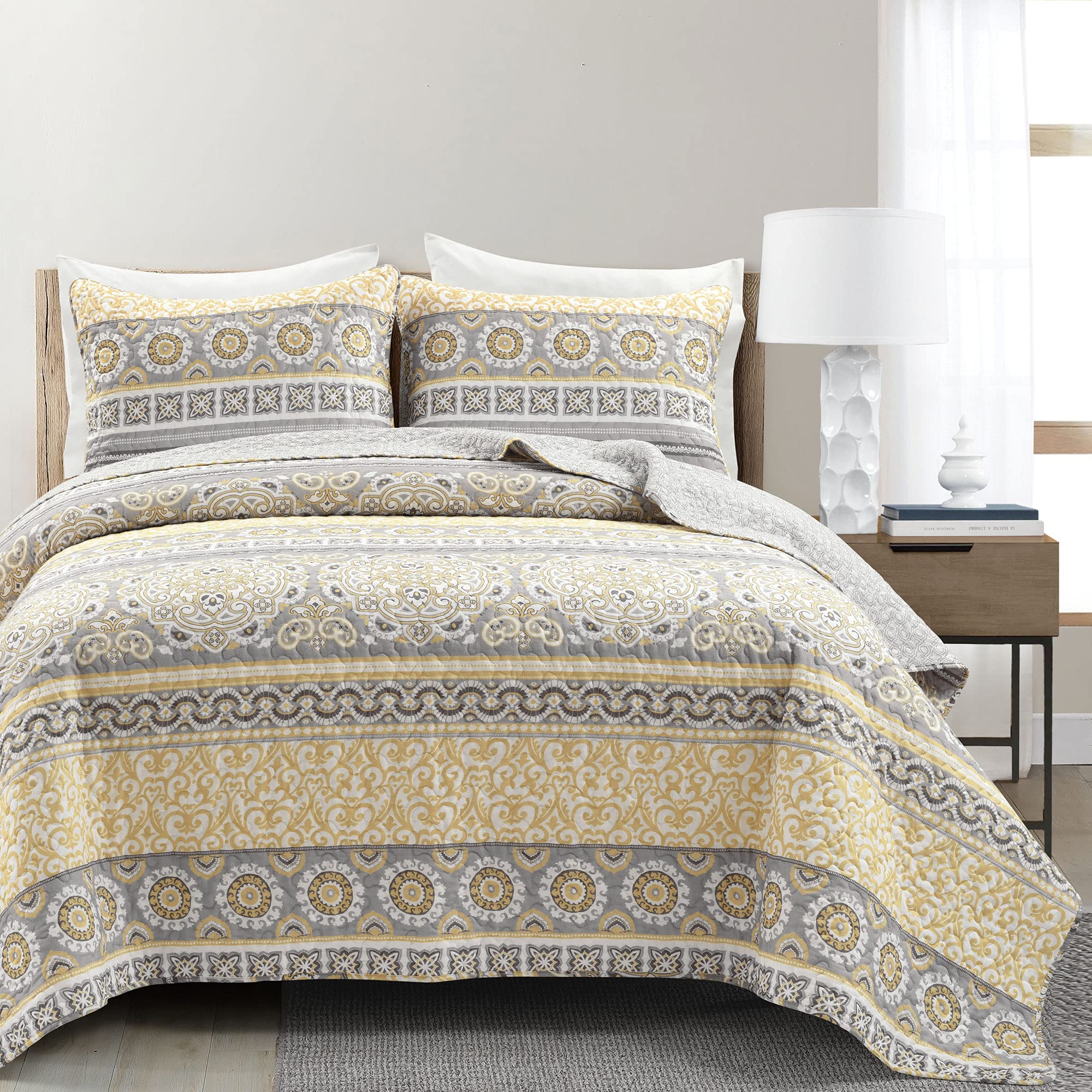 Lush Decor Nesco Reversible Quilt Set - King, Yellow & Gray for Cozy Bedroom