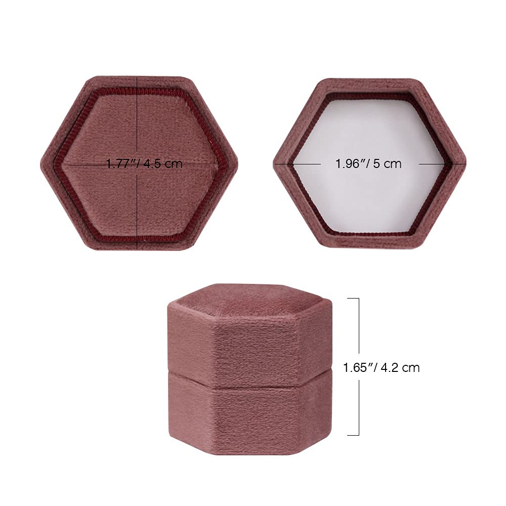 Hexagon Velvet Jewelry Box - Single Slot Ring Holder for Engagement & Wedding Rings - Dusty Rose Keepsake Box for Bridal Photos & Proposal Scenes