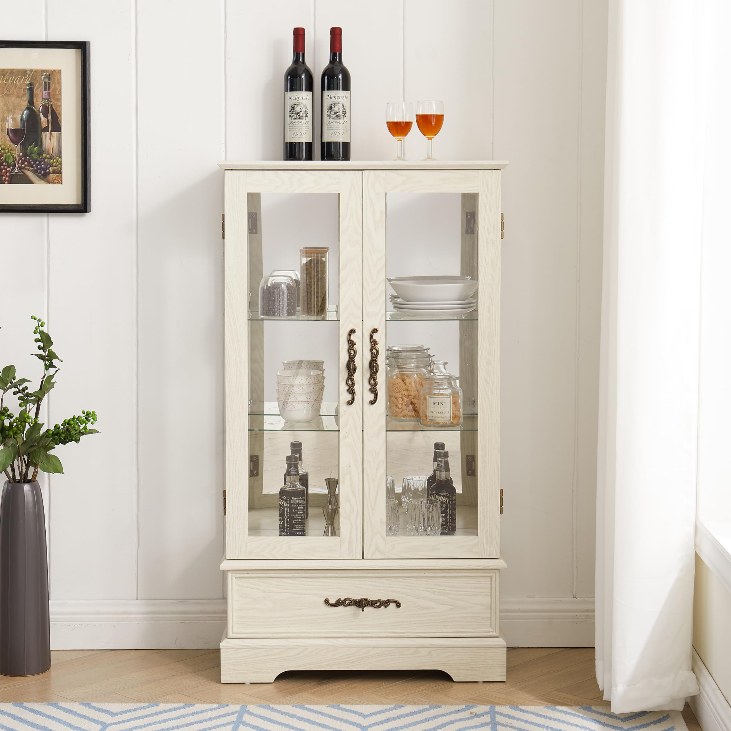 Dolonm White 3-Tier Glass Curio Cabinet with LED Lights & Storage Drawer - Adjustable Shelves Display Cabinet for Living Room, Kitchen, Dining Room - Perfect for Showcasing Collectibles, China, or Home Decor
