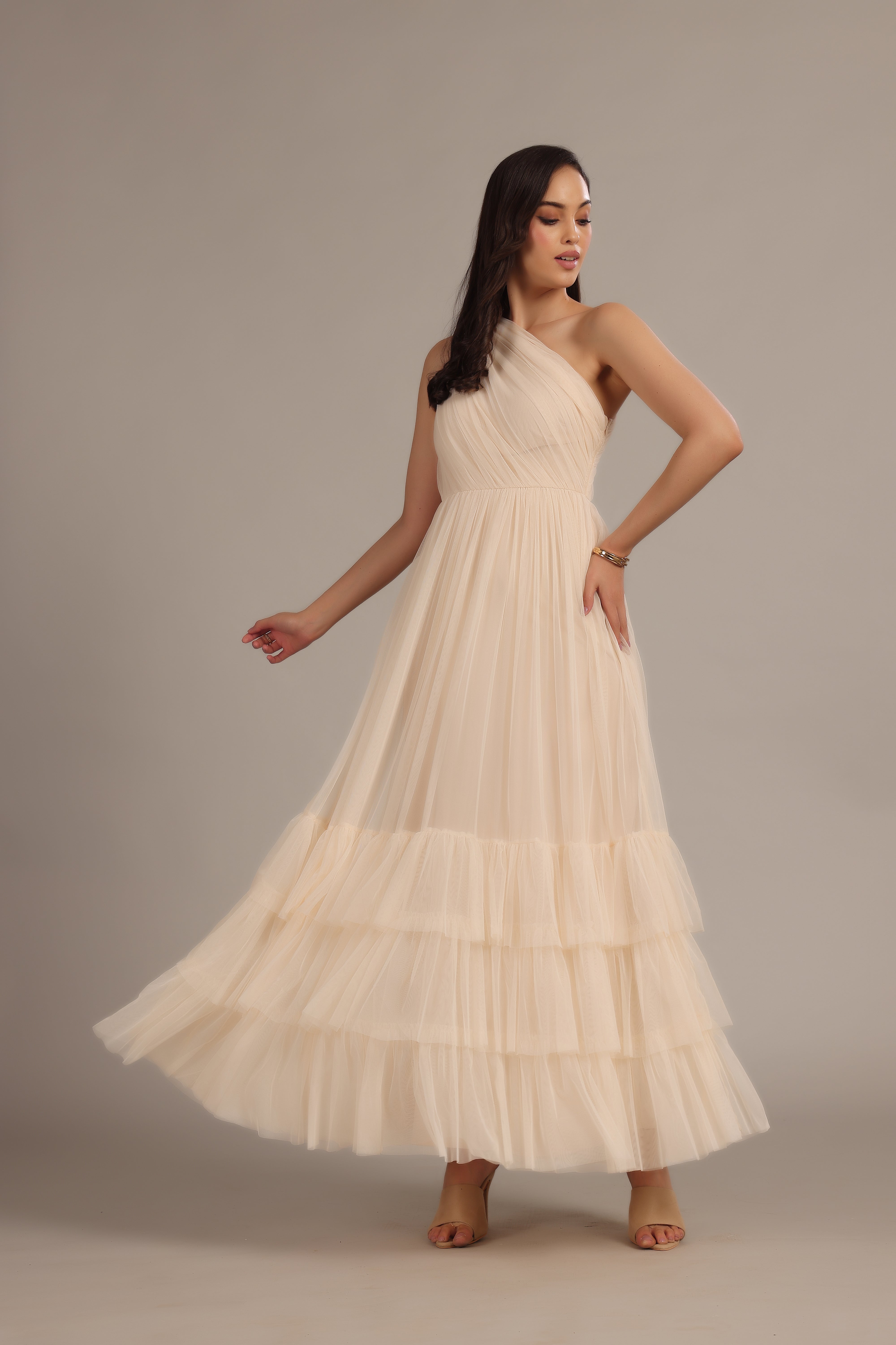 Nicolette Elegant One Shoulder Long Maxi Dress in Champagne - Perfect for Weddings, Parties & Evening Events