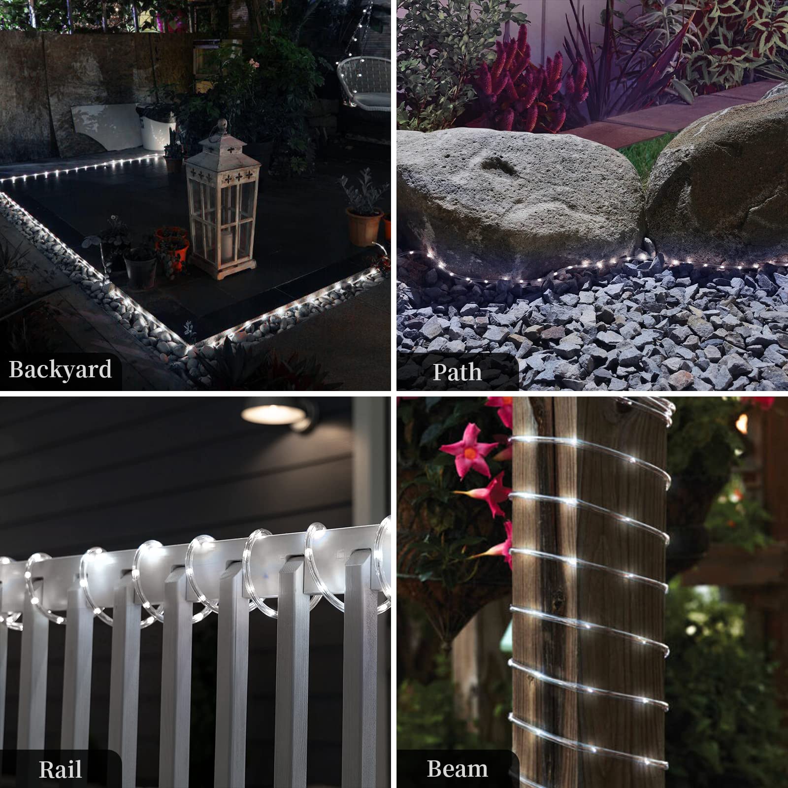 66ft 200LED Solar Rope Lights Outdoor Waterproof - 8 Modes Dimmable with Timer Remote Control - 3.7V/1200mAh Solar Powered String Lights for Garden, Patio, Yard, Pathway and Party Decor (White)