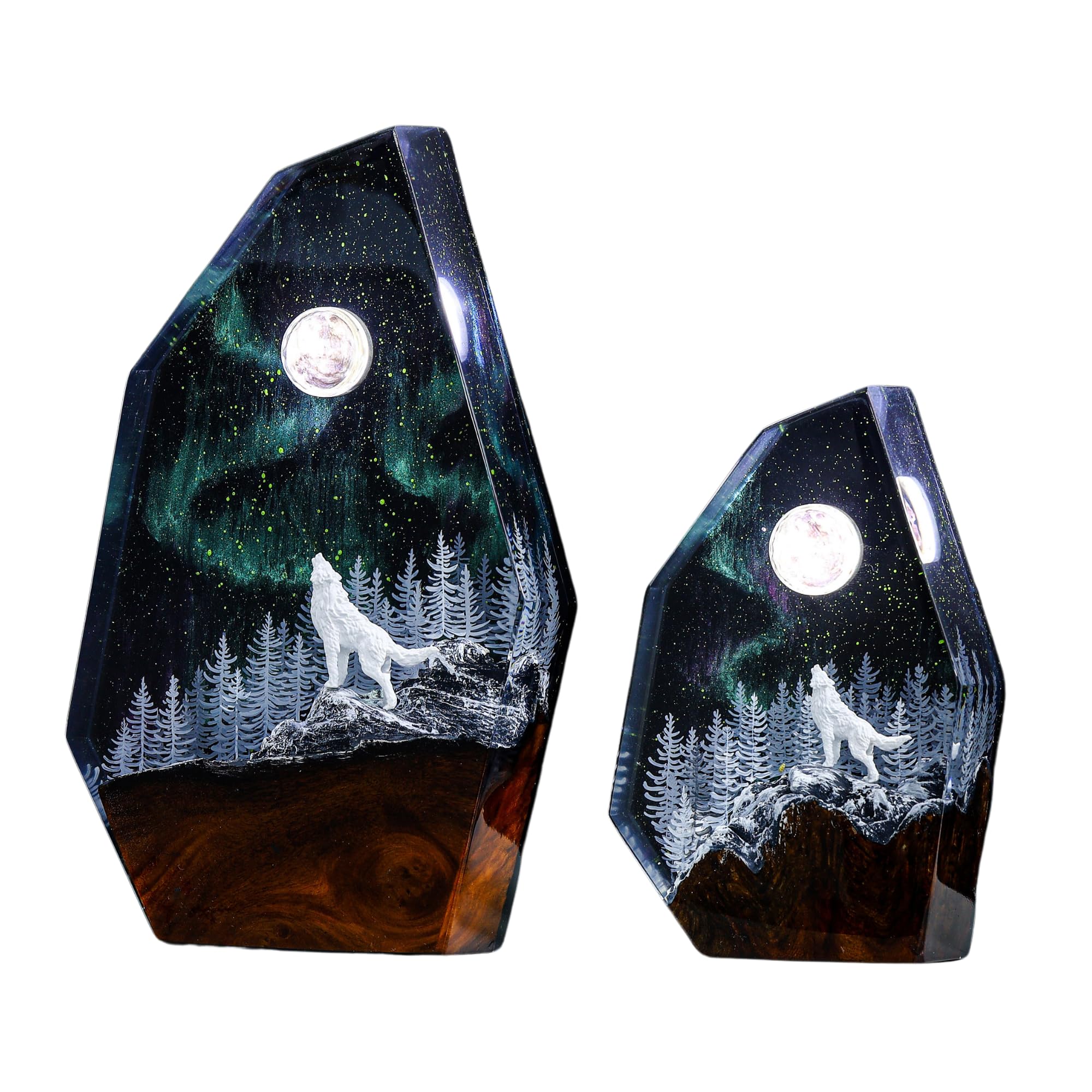 Howling Wolf Northern Lights Lamp - 12x7 Inch Aurora Borealis Night Light, Resin Wood Base, Unique Home Decor Gift for Her, Him, Friends - Perfect for Bedroom, Living Room, Office & Meditation Spaces
