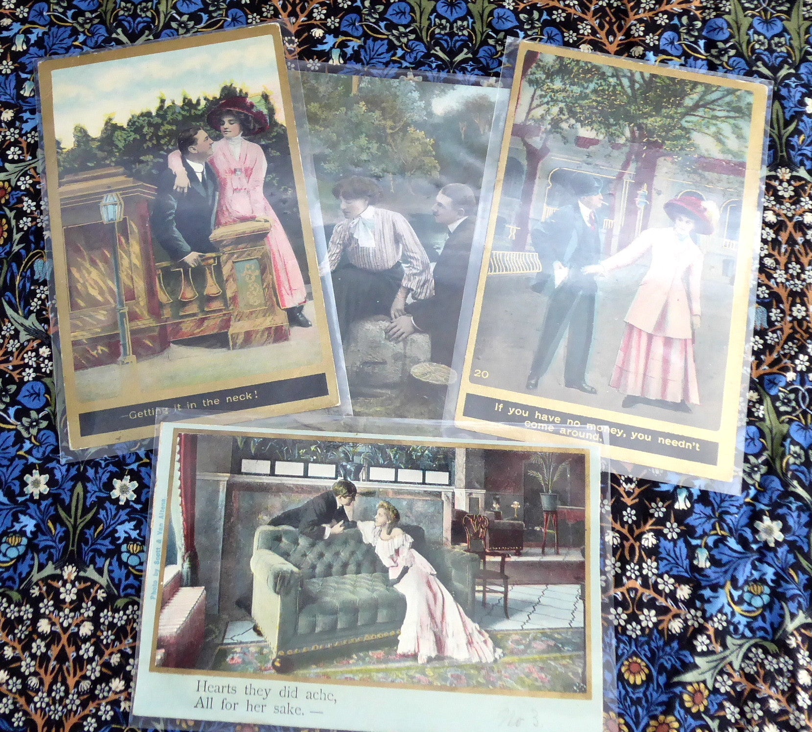 Vintage Edwardian Romance Postcards Set of 4 - Real Photo Postcards with Gold Metallic Accents, Early 1900s Antique Collectibles - Perfect for Victorian-Themed Weddings, Historical Displays & Romantic Gift Giving