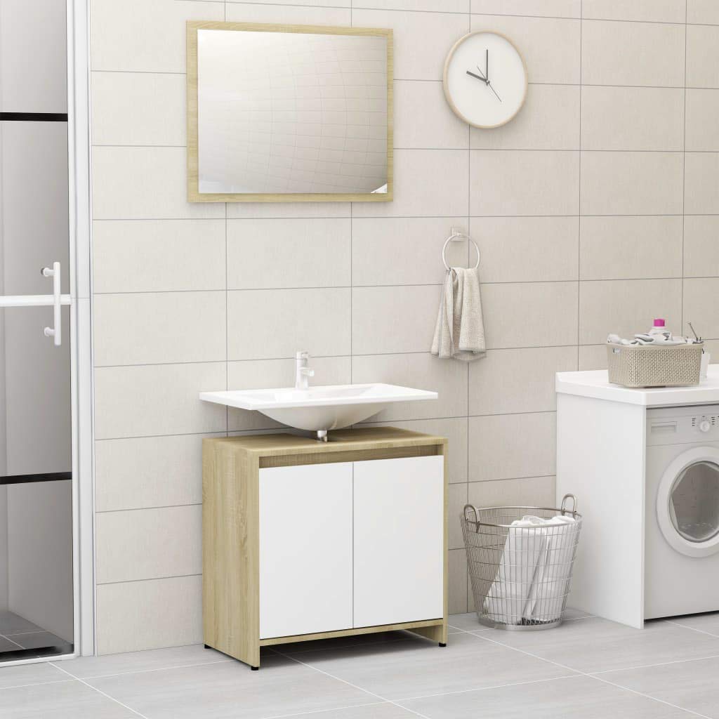 Modern Bathroom Vanity Set with Mirror - White Wooden Storage Cabinet with Doors & Pedestal Stand - Perfect for Small Bathrooms, Powder Rooms & Master Bath Suites