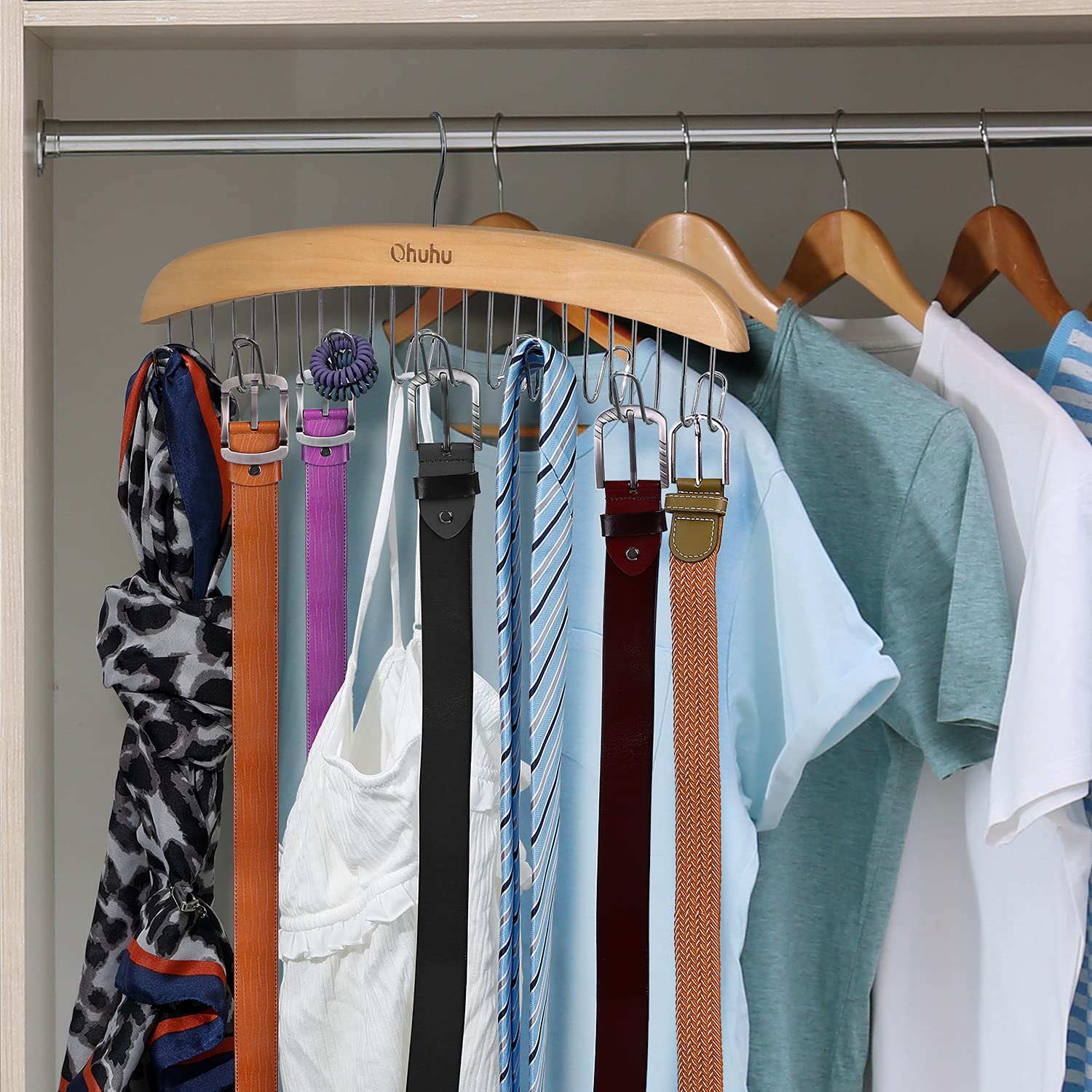 Ohuhu 12-Hook Rotating Belt Hanger Organizer - Wooden Space-Saving Rack for Belts, Ties, Scarves & Accessories (2-Pack) | Perfect for Closet, Bedroom & Dorm Organization