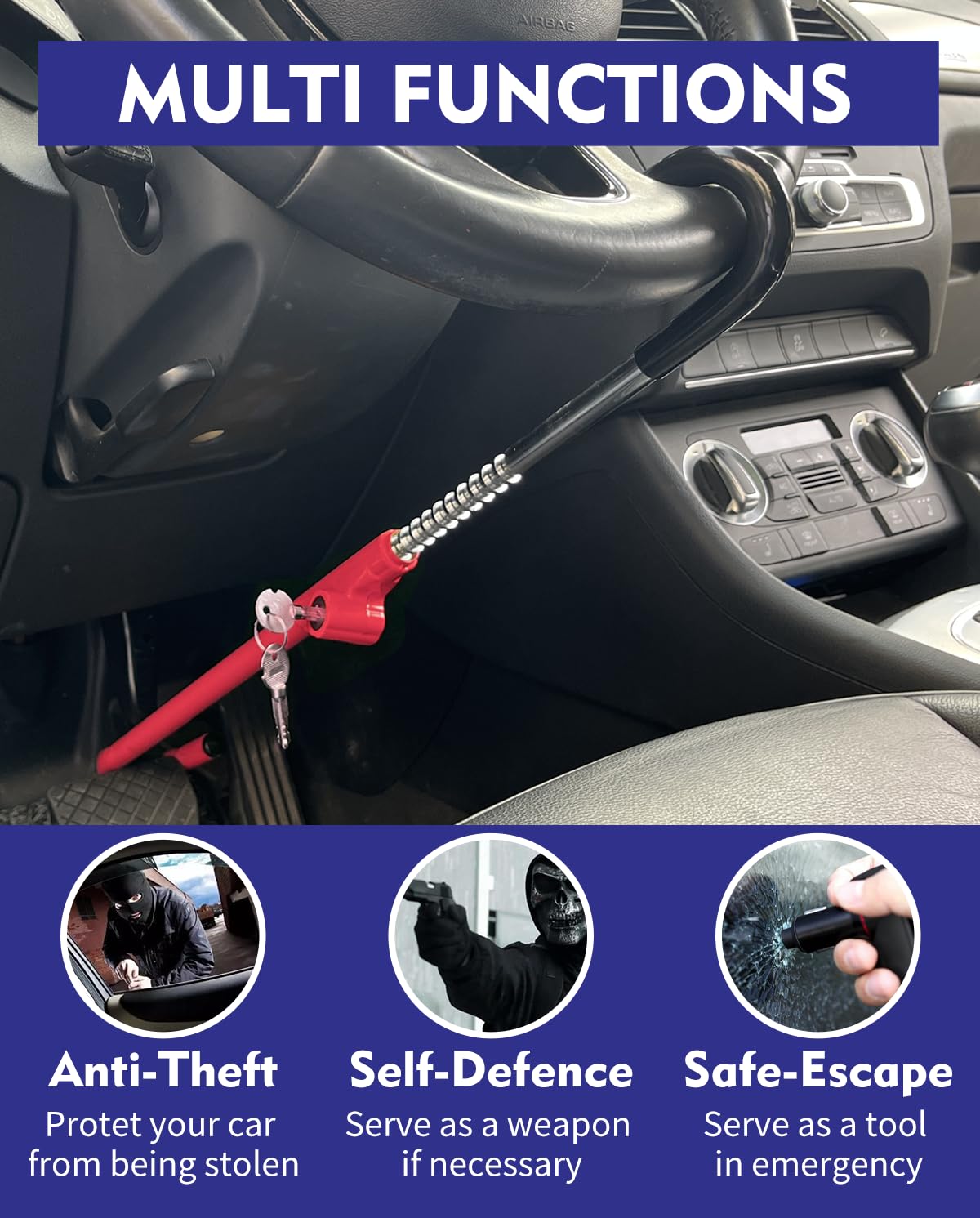 Universal Anti-Theft Steering Wheel Lock for Cars - Retractable Hook Design with Pedal Brake Lock | Dodomes Car Security Device (Red) | Perfect for Parking Security & Vehicle Theft Prevention