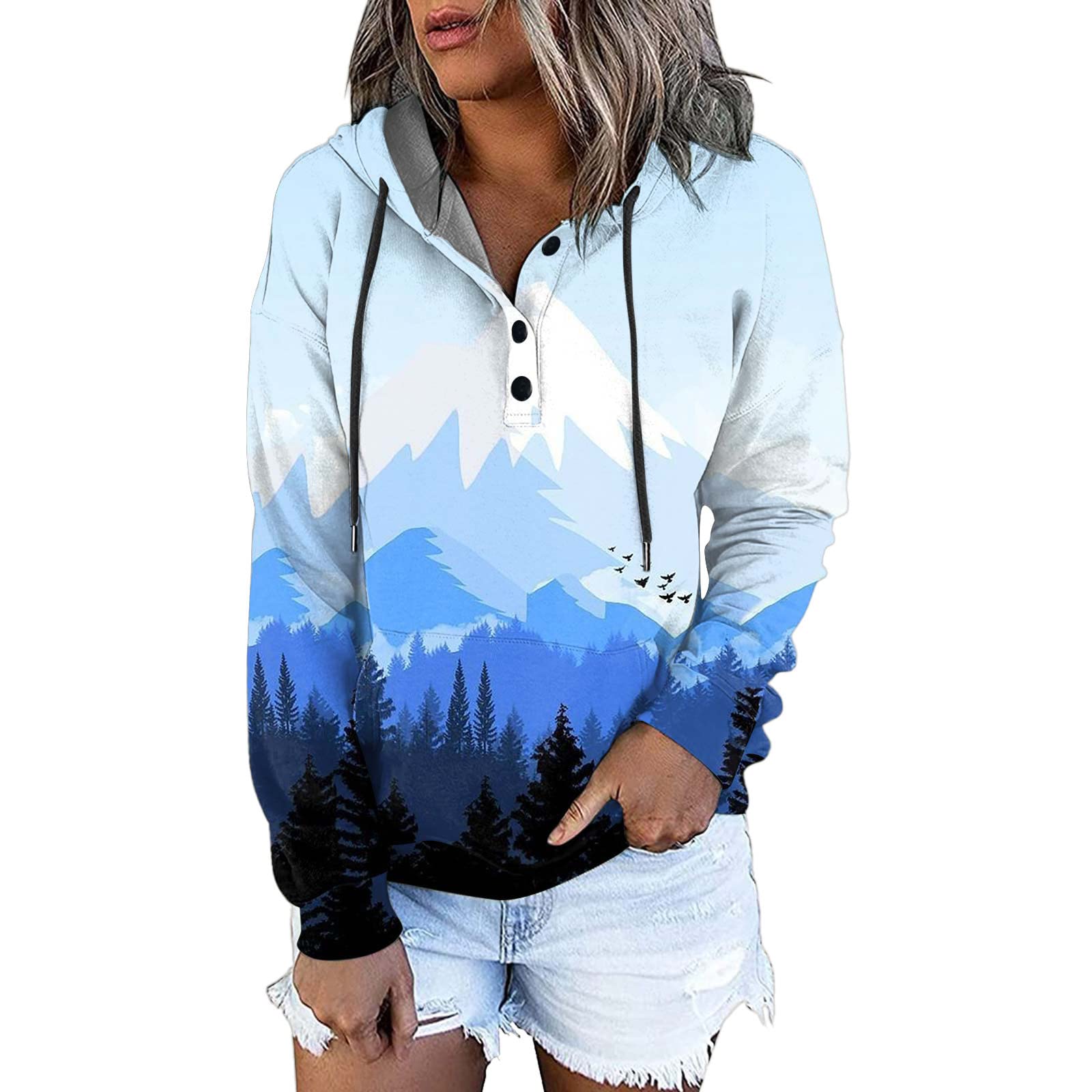 Women's Casual Hoodie Long Sleeve Cute Print Sweatshirt - Fall Drawstring Pullover Button Up Top with Pocket | Cozy Loungewear & Outdoor Activities