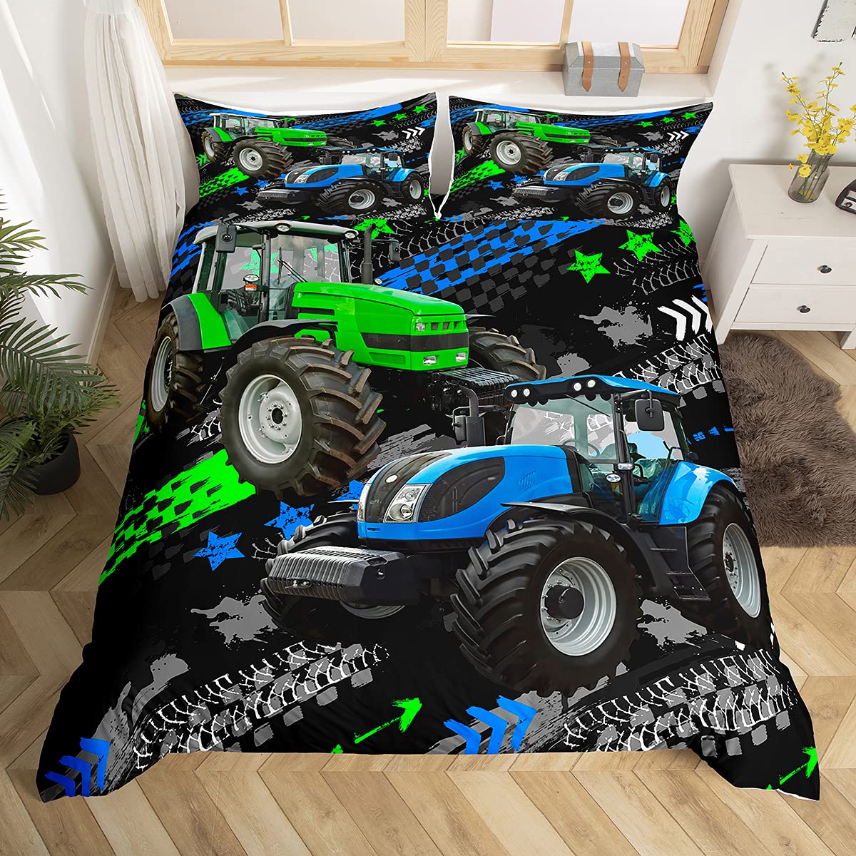 Boys Cartoon Cars Twin Duvet Cover Set - Kids Construction Dirt Bike Excavator Bedding for Boys Room Decor | Blue Green Mountain Biking Print Soft Comforter Cover with 1 Pillowcase | Perfect for Kids Bedroom, Nursery or Sleepover Party