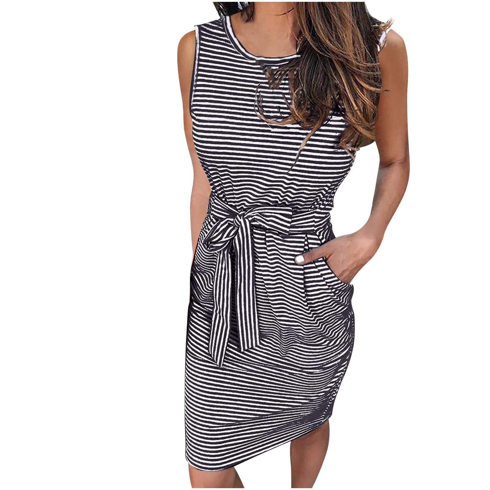 Ylioge Women's Green Striped Summer Dress - Casual Sleeveless Crewneck Dress with Tie Pocket | Perfect for Beach Outings, Picnics & Summer Parties