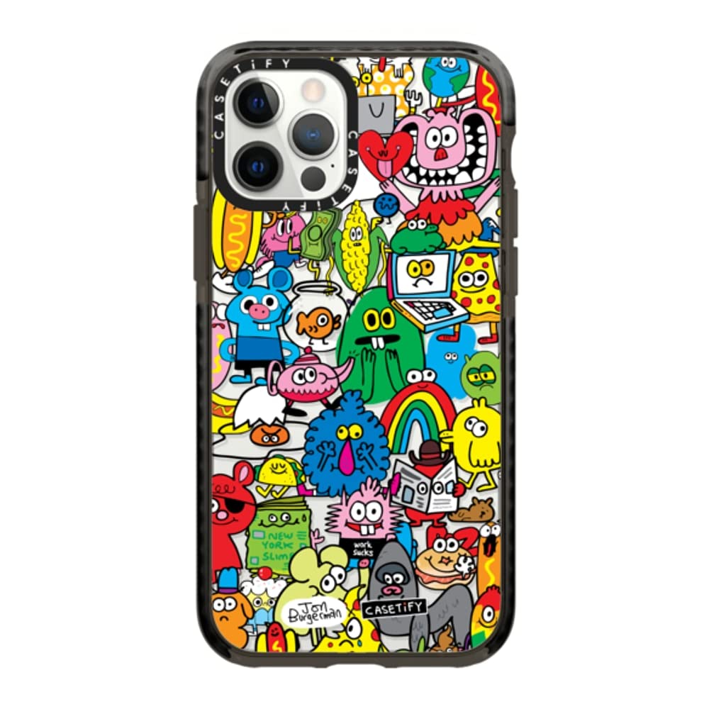 Casetify Impact Case for iPhone 12 & iPhone 12 Pro - Jon Burgerman Fun Friends Design - Clear Black Protective Phone Cover - Perfect for Everyday Use, Travel & Outdoor Activities