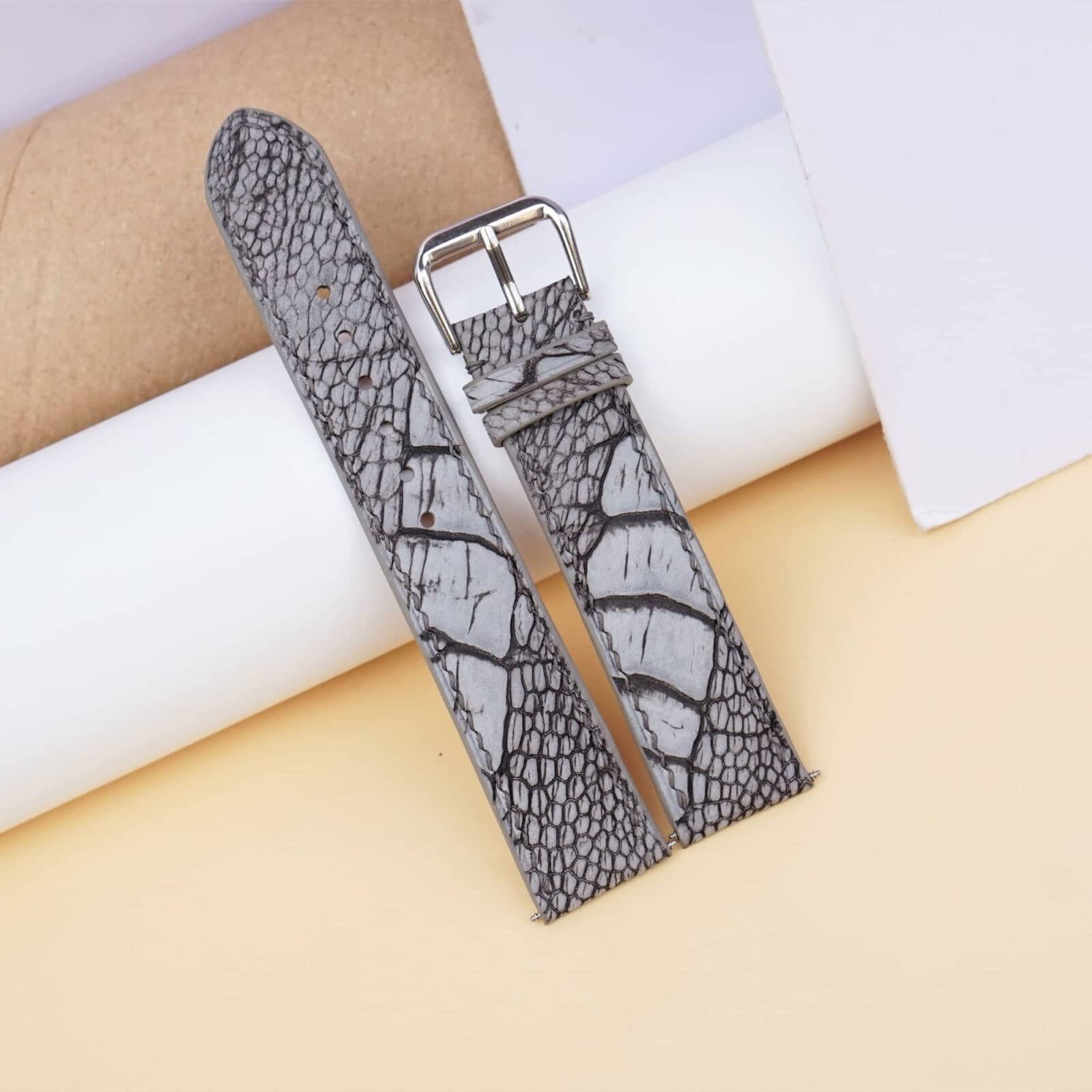 Premium 20mm Nubuck Ostrich Leather Watch Band with Steel Folding Clasp - Grey Ostrich Leg Watch Strap for Men & Women | Perfect for Dress Watches, Business Attire & Formal Occasions