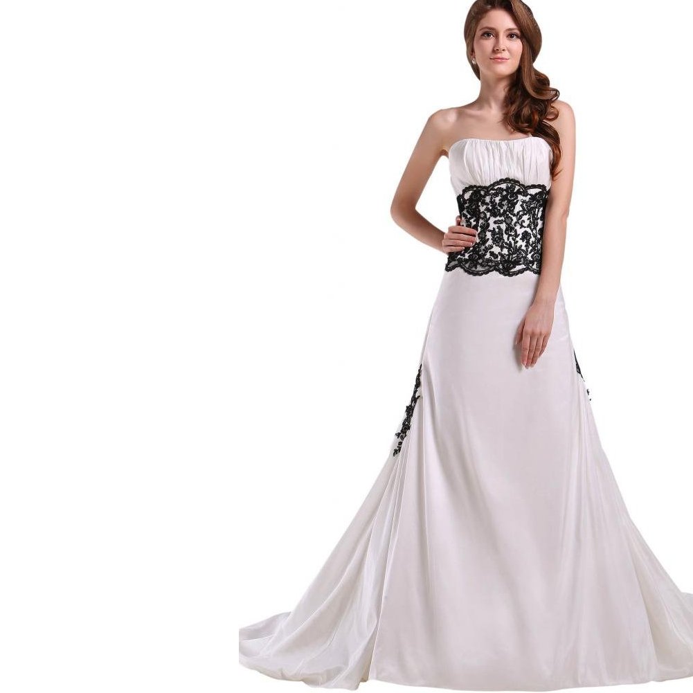 Kivary® Strapless White & Black Lace Beaded Gothic Wedding Dress - Elegant Gothic Bridal Gown for Alternative Weddings, Vampire Themed Events & Dark Romance Photo Shoots