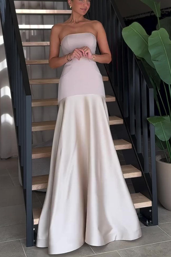 Timeless Elegance Satin Patchwork Strapless Flare Gown Maxi Dress for Women | Formal Evening Gown for Prom, Wedding, Red Carpet Events