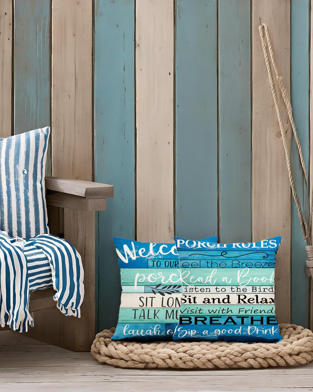 Waterproof Outdoor Pillow Covers 18x18 Inch - Turquoise Blue & Beige Woodgrain Design for Patio Furniture, Coastal Farmhouse Decor (Set of 2) | Perfect for Porch, Garden, Poolside & Outdoor Living Spaces